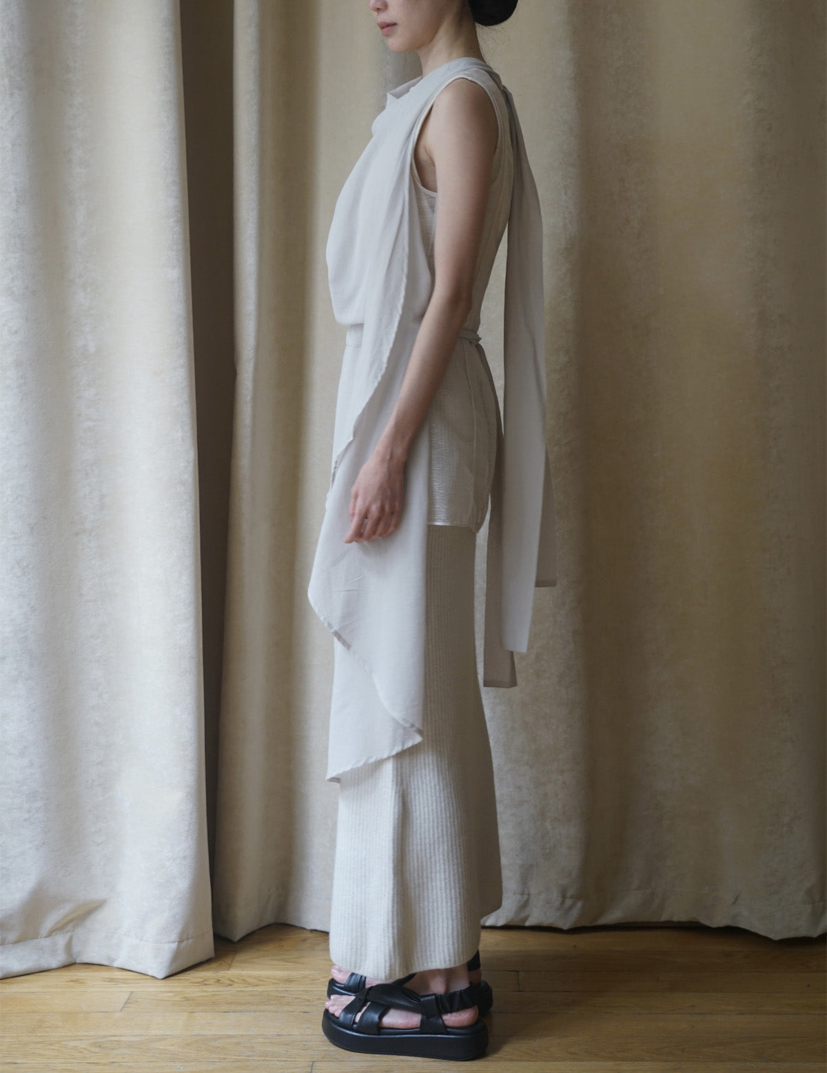 絲棉混紡圍裙・淺灰色