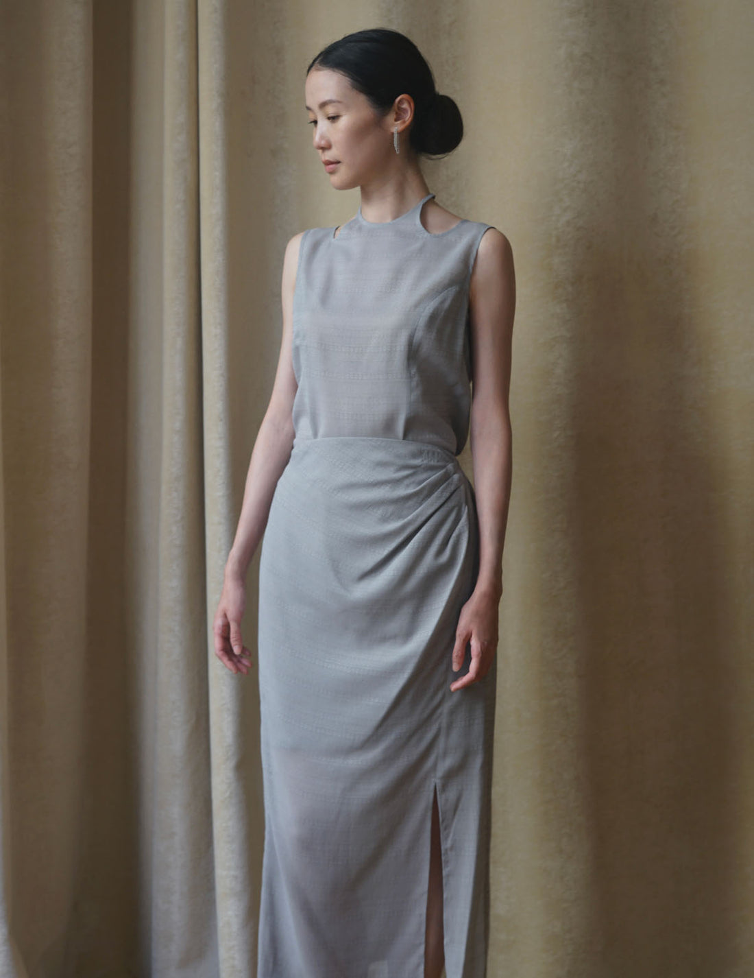 "Mishima Karatsu" Floral Pattern Jacquard Draped Skirt・Grey