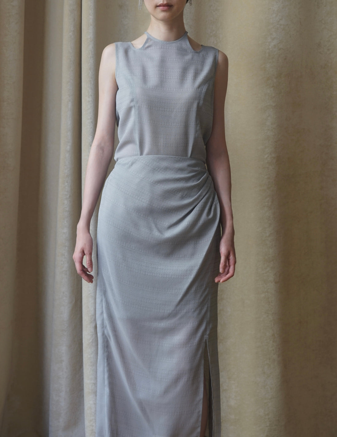 "Mishima Karatsu" Floral Pattern Jacquard Draped Skirt・Grey