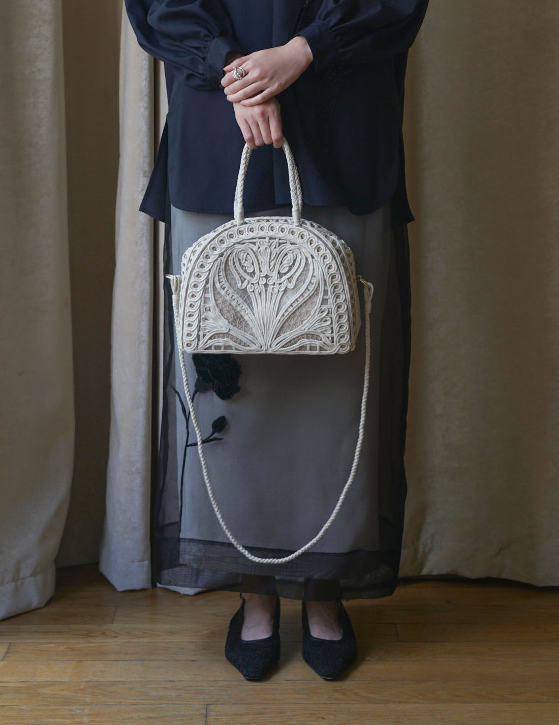 Cording Embroidery Demi Lune Handbag・Beige