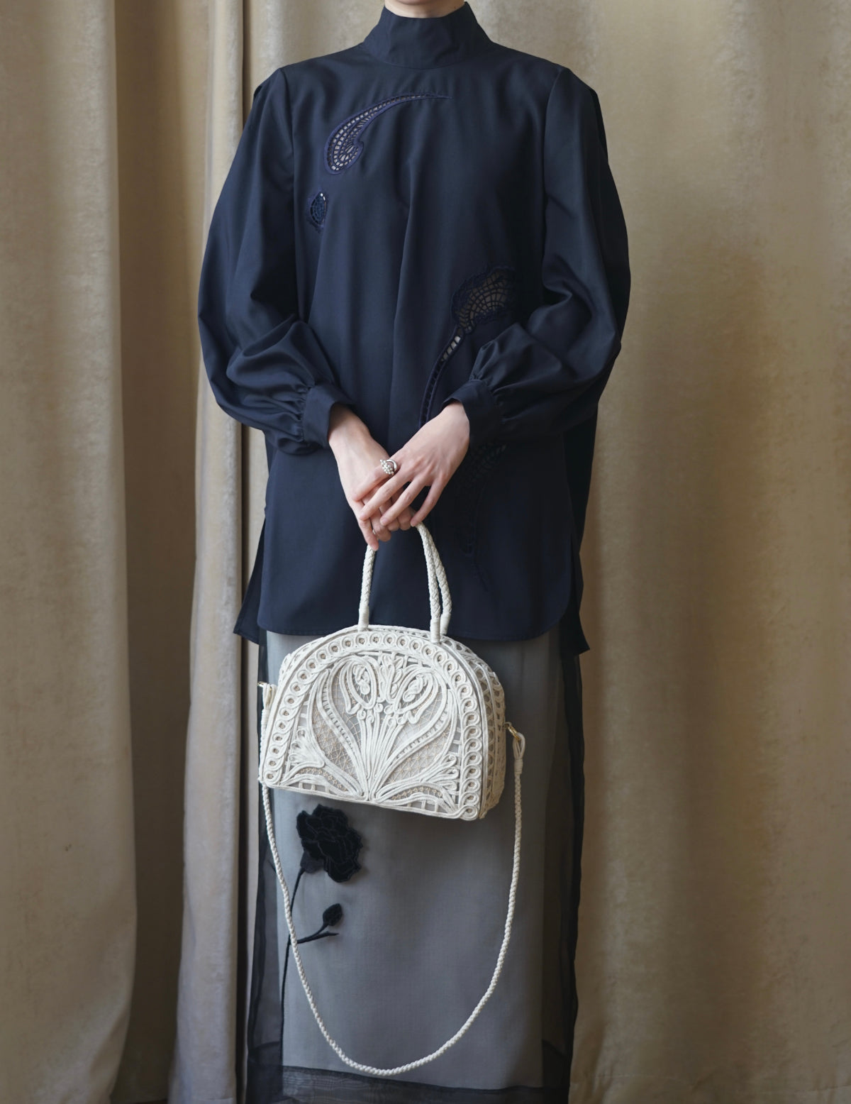Cording Embroidery Demi Lune Handbag・Beige