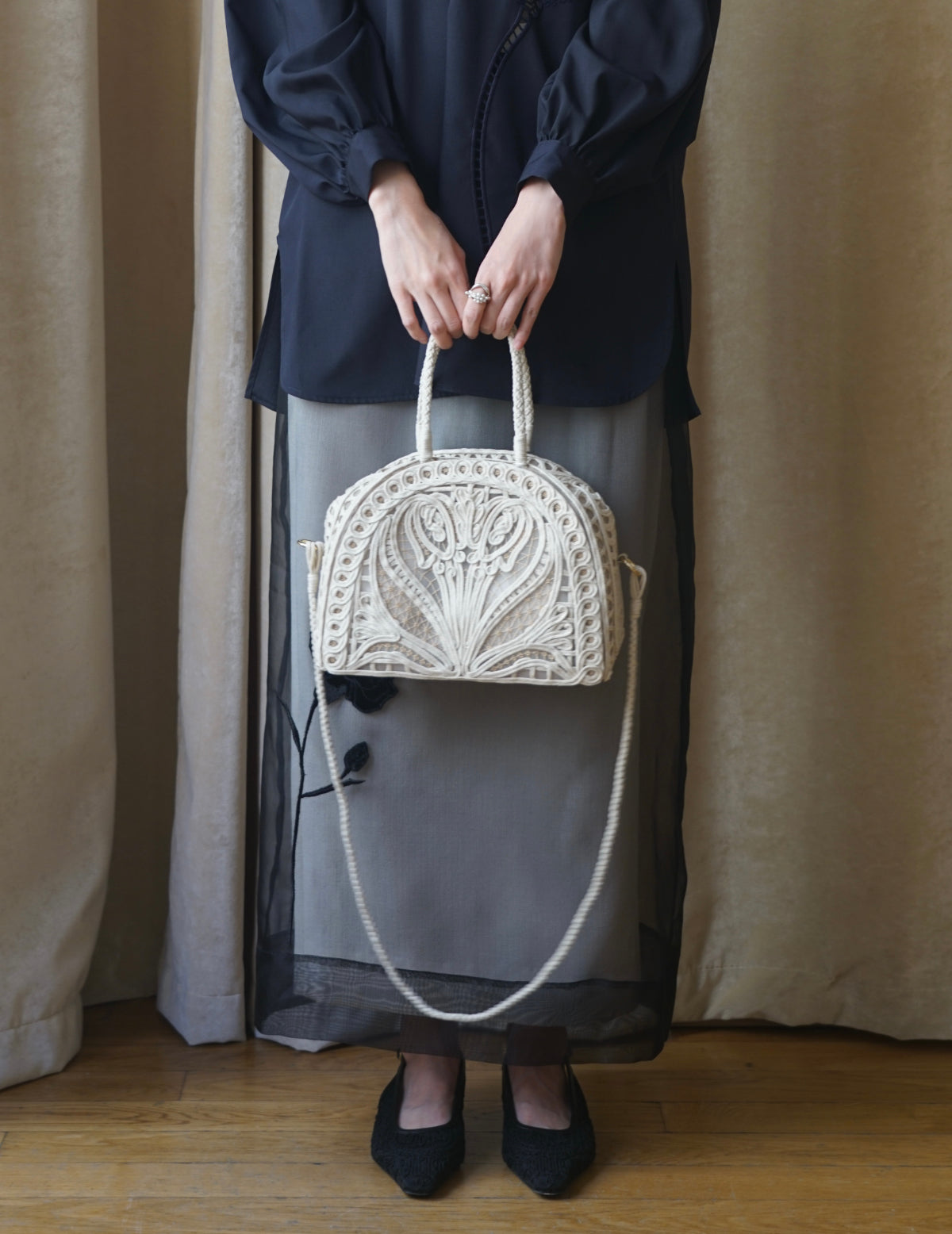 Cording Embroidery Demi Lune Handbag・Beige
