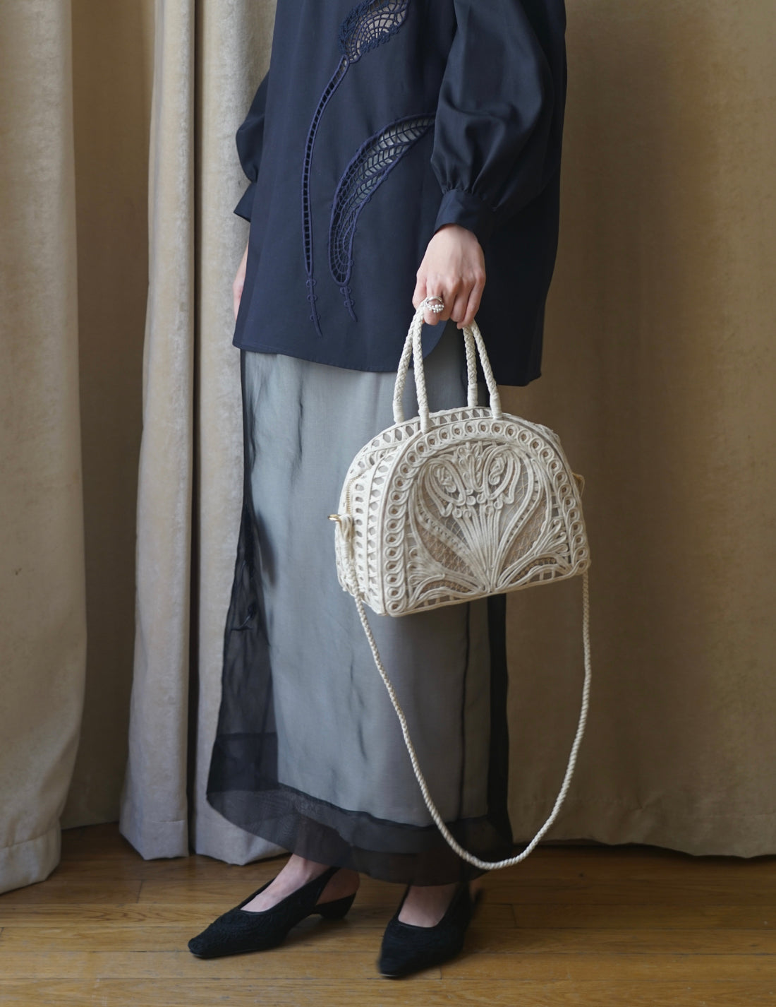 Cording Embroidery Demi Lune Handbag・Beige
