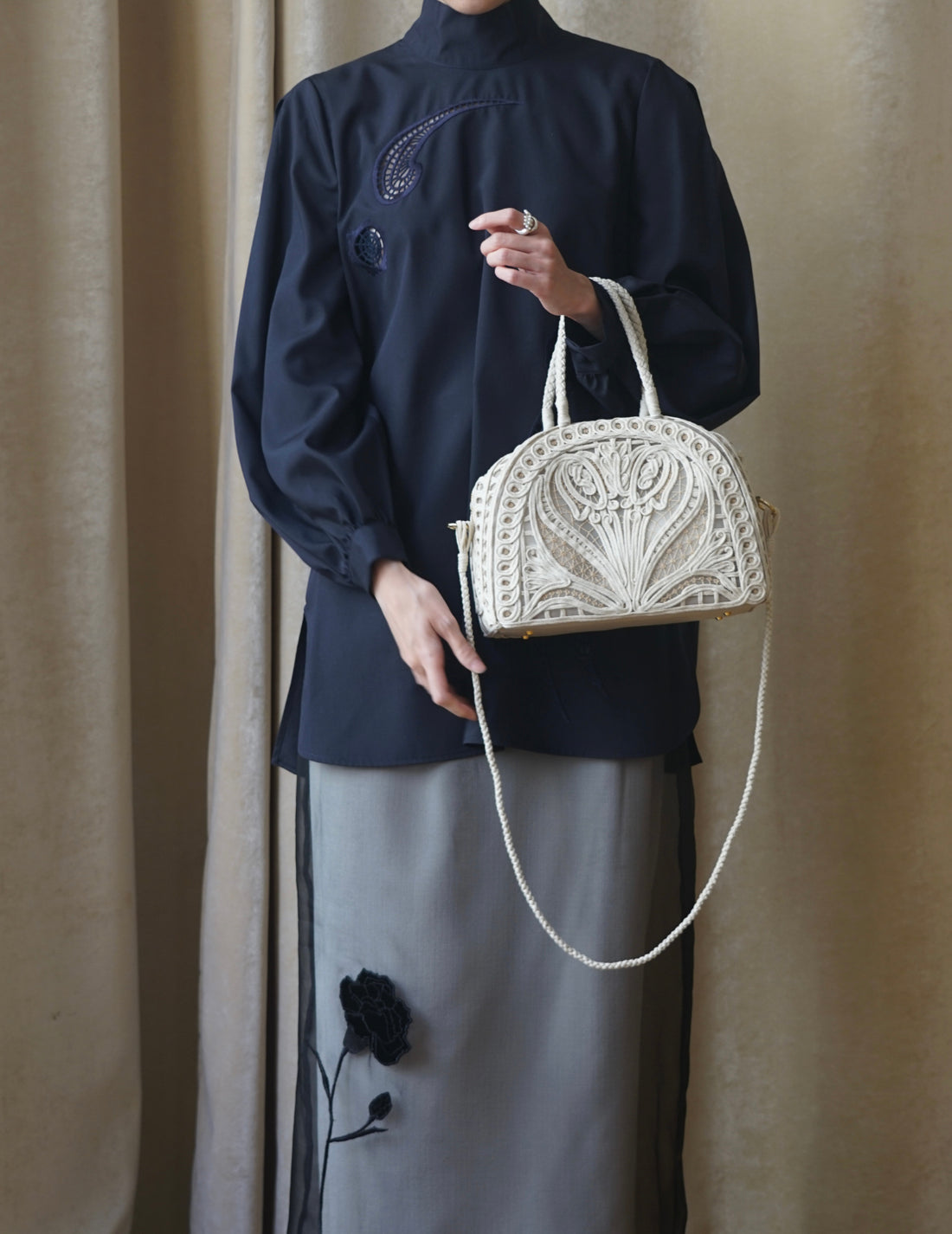 Cording Embroidery Demi Lune Handbag・Beige