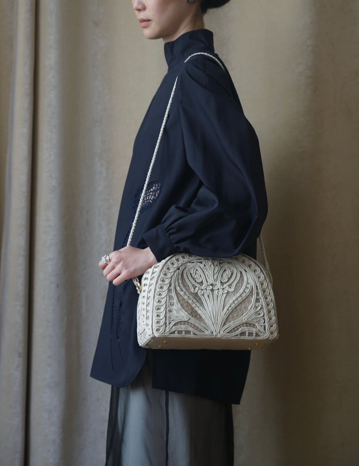 Cording Embroidery Demi Lune Handbag・Beige
