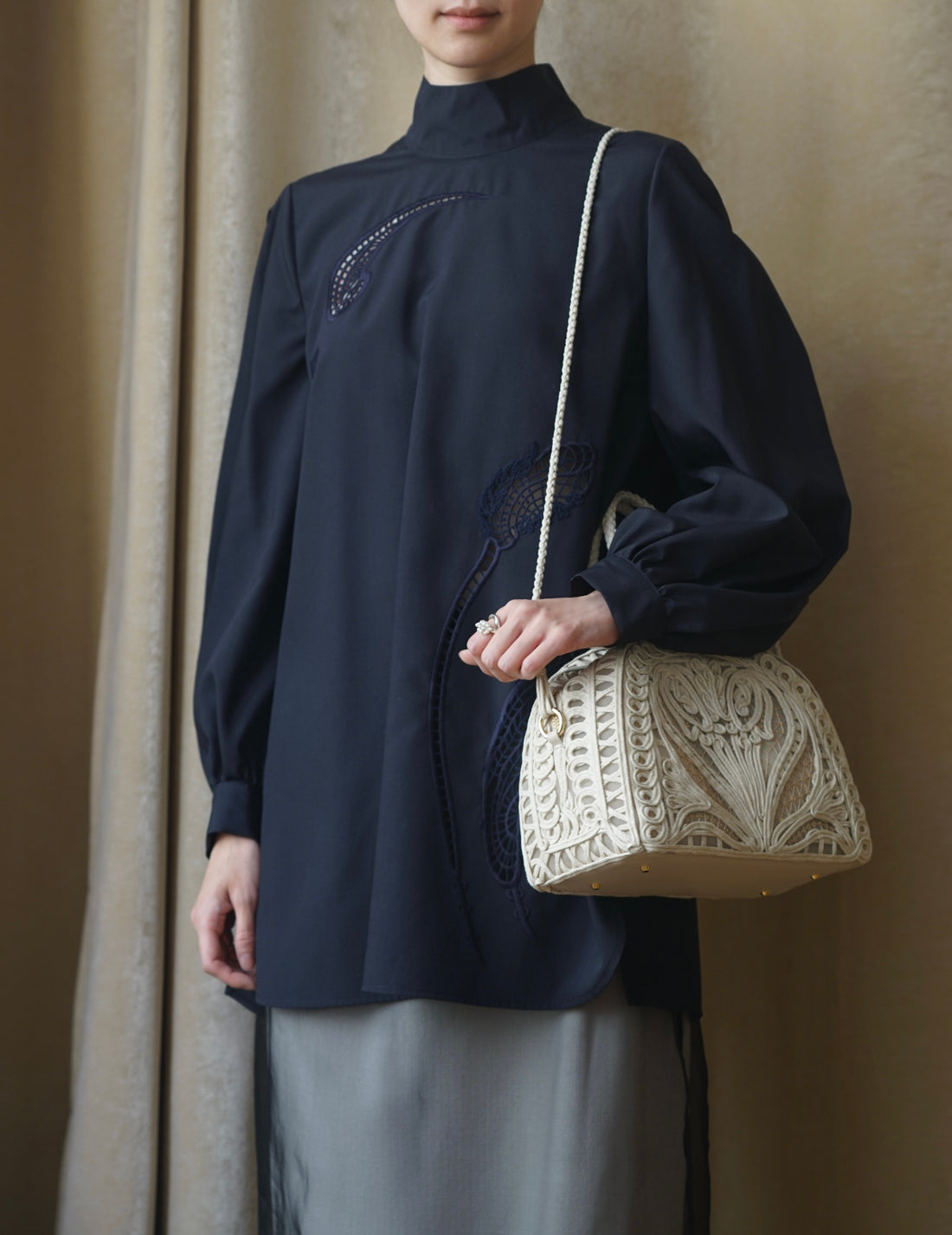 Cording Embroidery Demi Lune Handbag・Beige