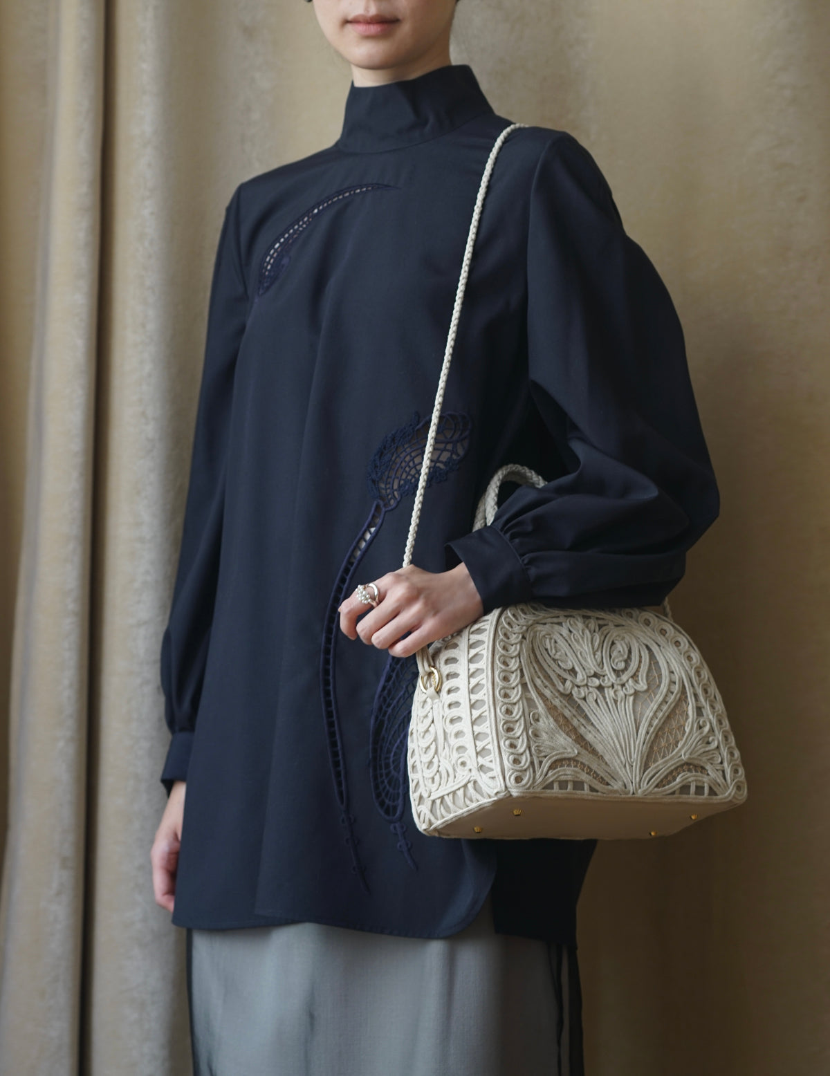 Cording Embroidery Demi Lune Handbag・Beige