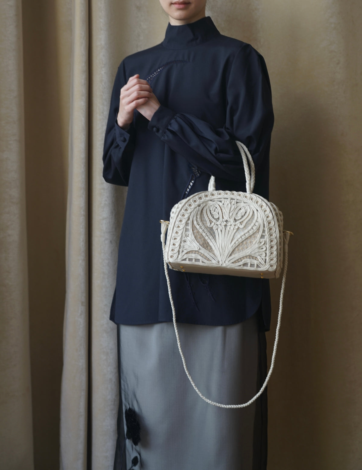 Cording Embroidery Demi Lune Handbag・Beige