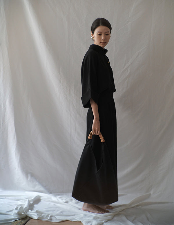 編織三角帆布包 | 原皮把手・黑色包身・大