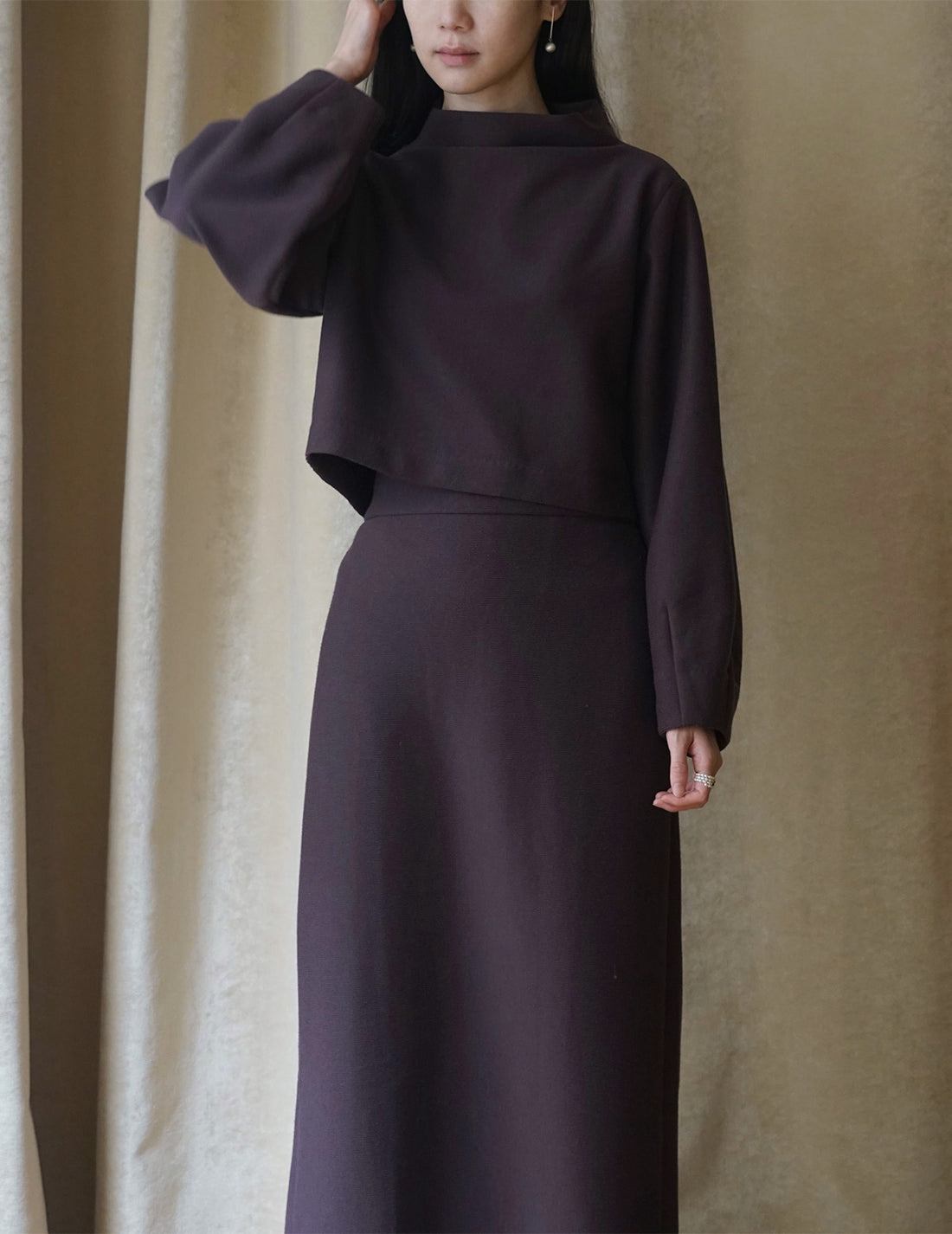Volume Sleeve Cropped Top・Brown