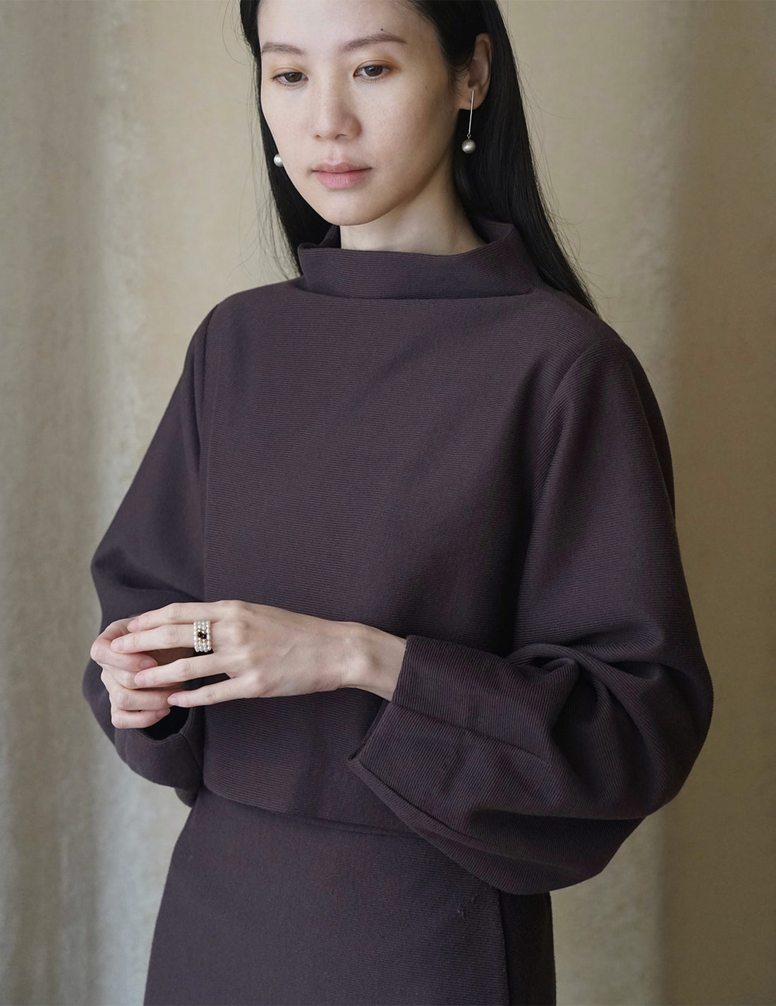 Volume Sleeve Cropped Top・Brown