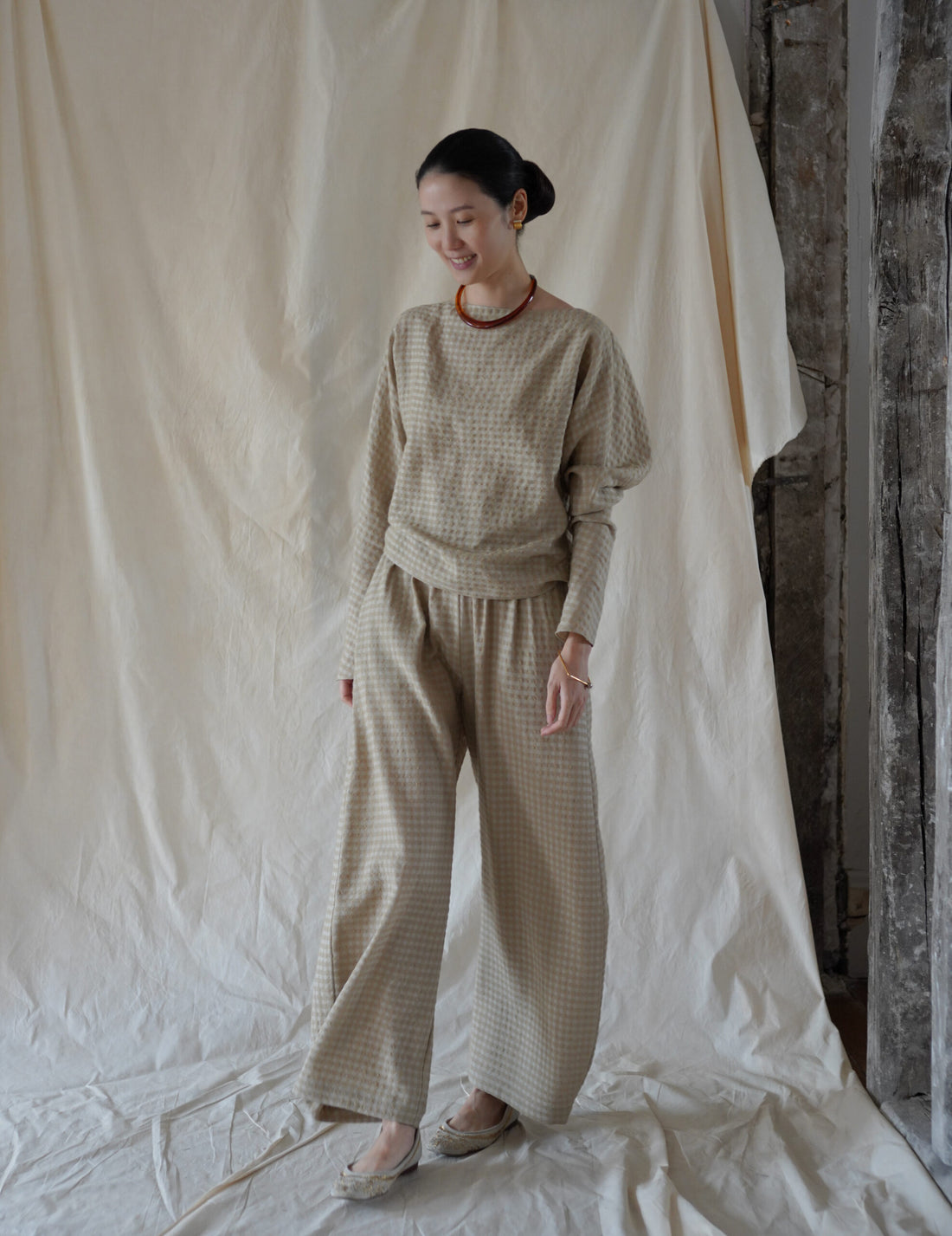 Nuna Wool Viscose Jacquard Pants・Beige Checks
