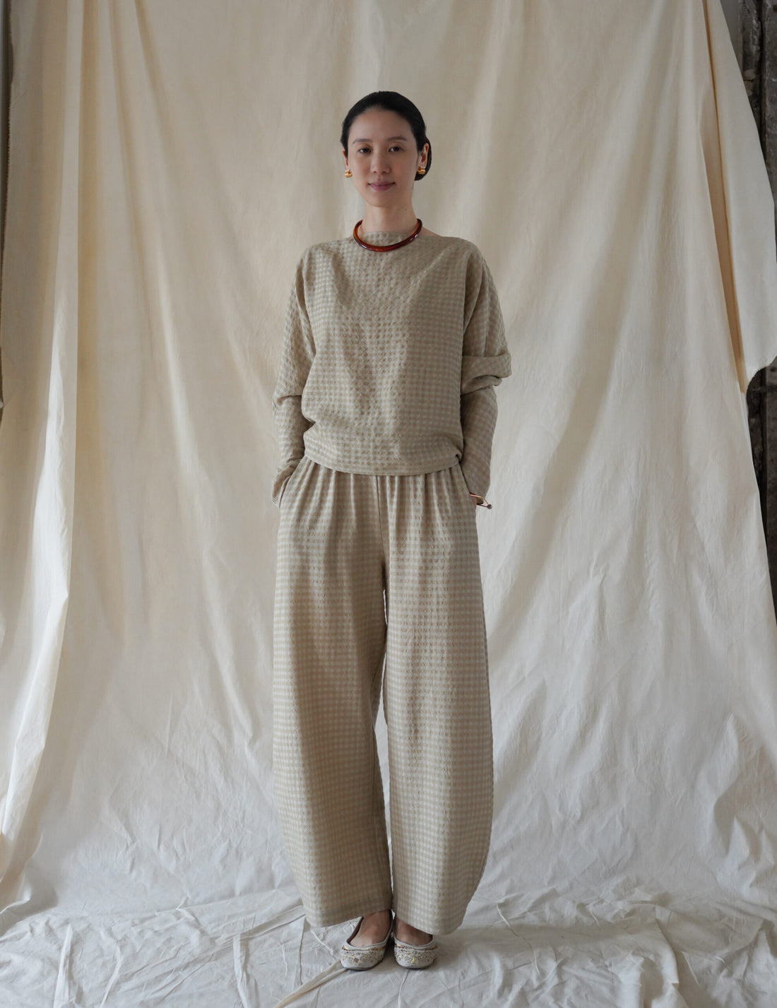 Nuna Wool Viscose Jacquard Pants・Beige Checks
