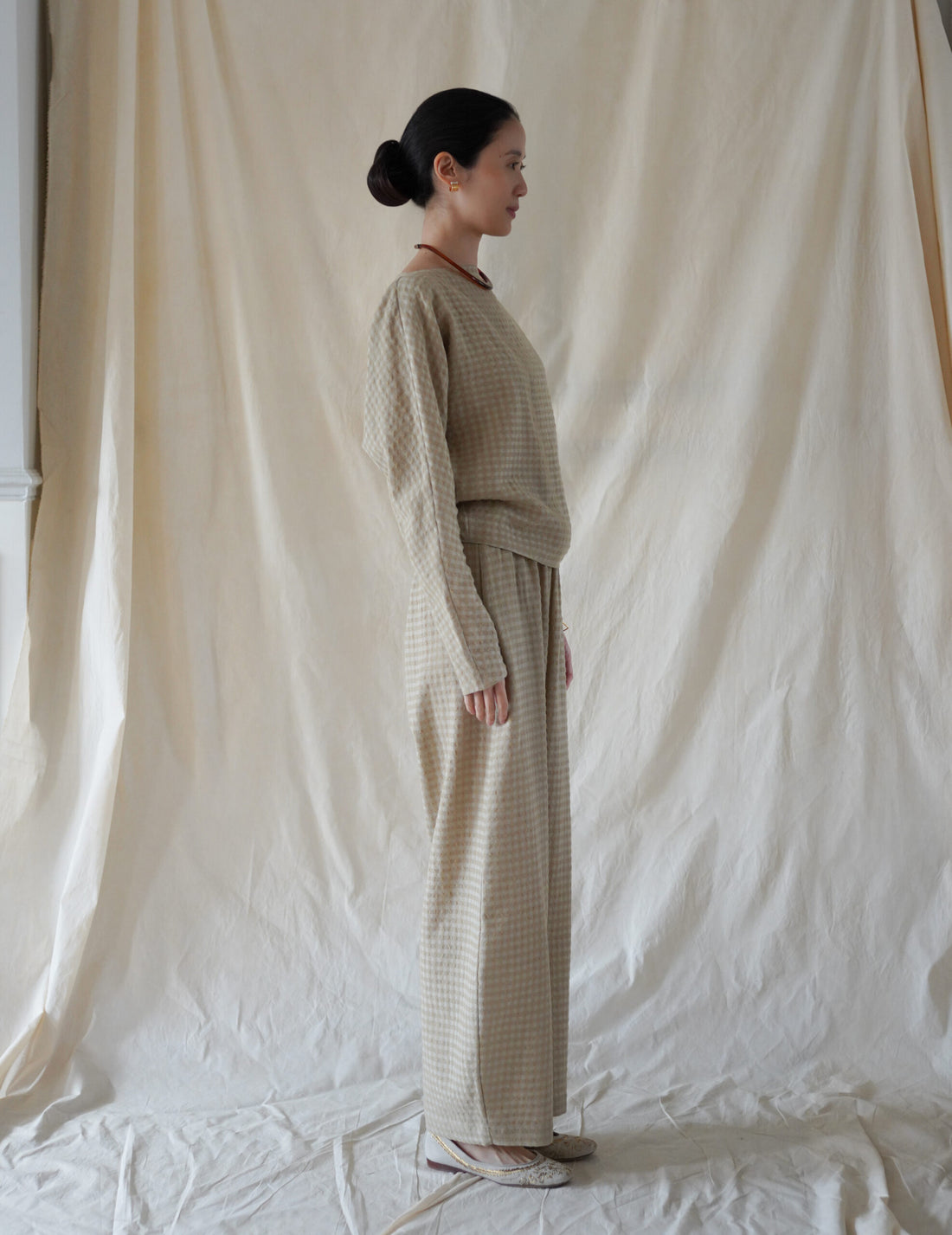 Nuna Wool Viscose Jacquard Pants・Beige Checks