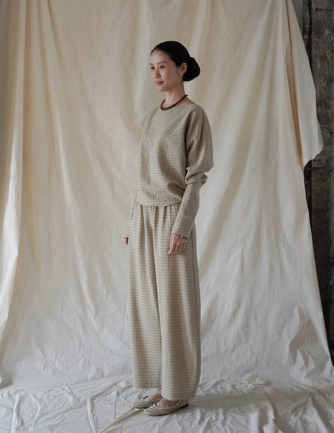 Nuna Wool Viscose Jacquard Pants・Beige Checks