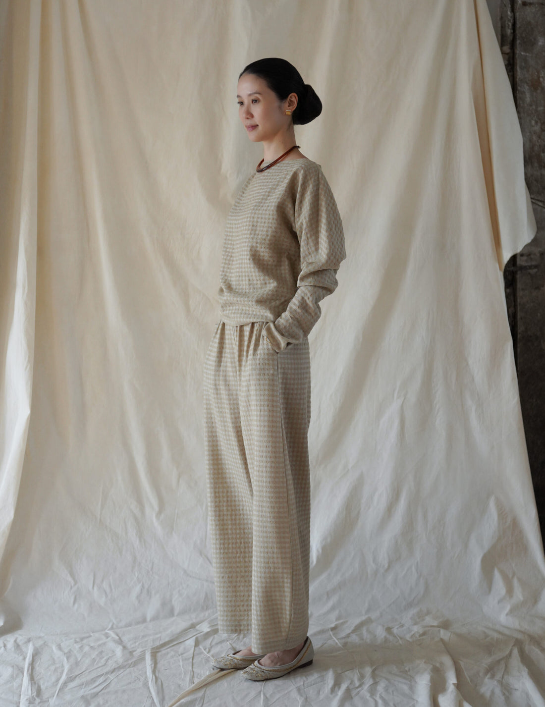 Nuna Wool Viscose Jacquard Pants・Beige Checks
