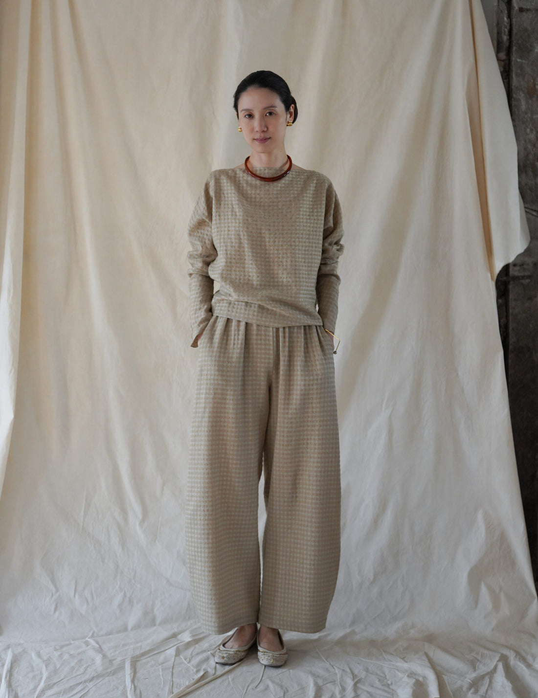 Nuna Wool Viscose Jacquard Pants・Beige Checks