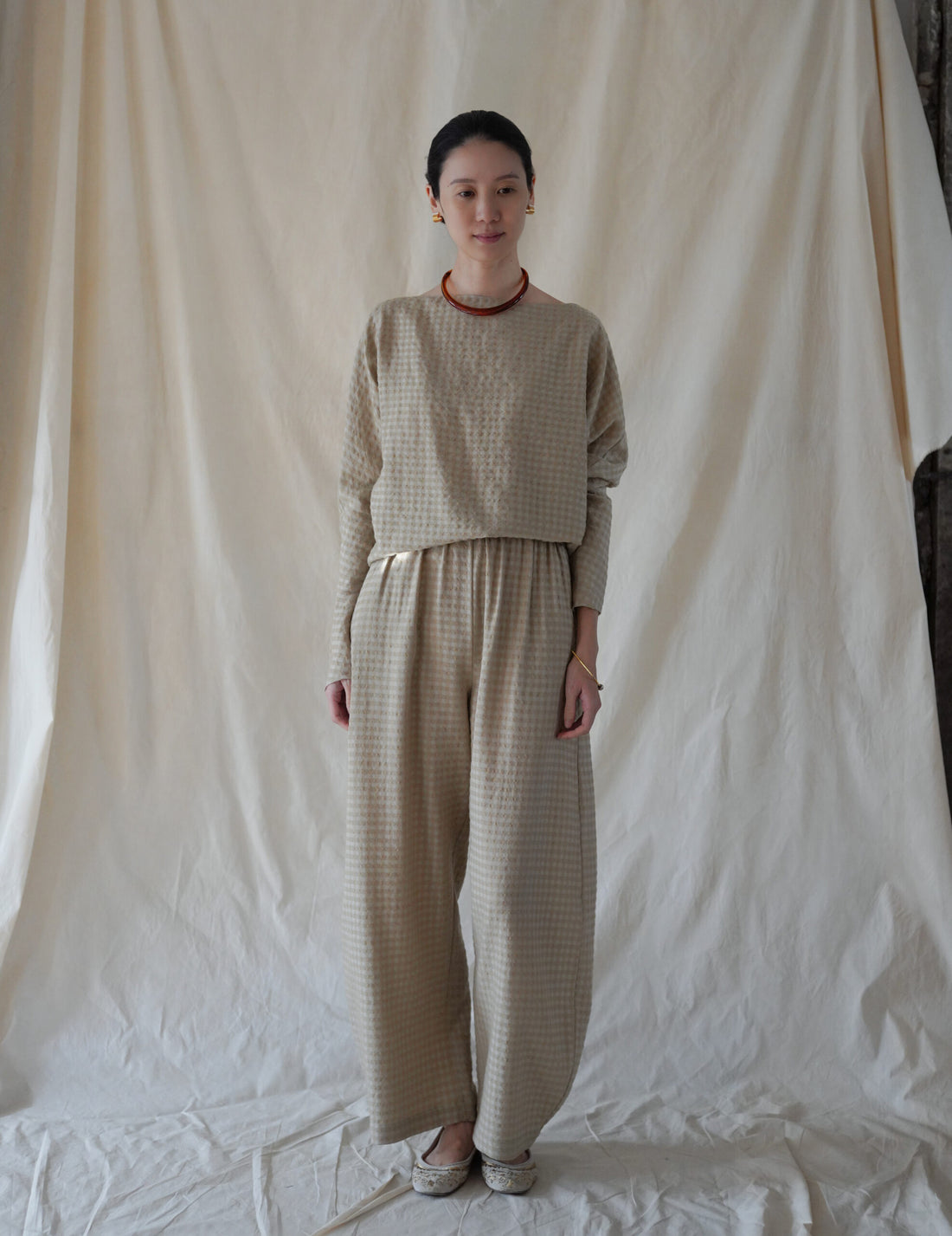 Nuna Wool Viscose Jacquard Pants・Beige Checks