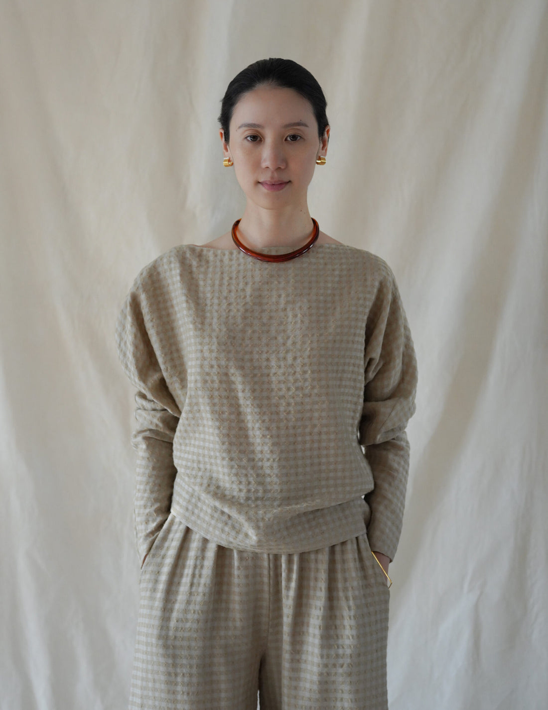 Bravo 羊毛混紡提花上衣・米色格紋