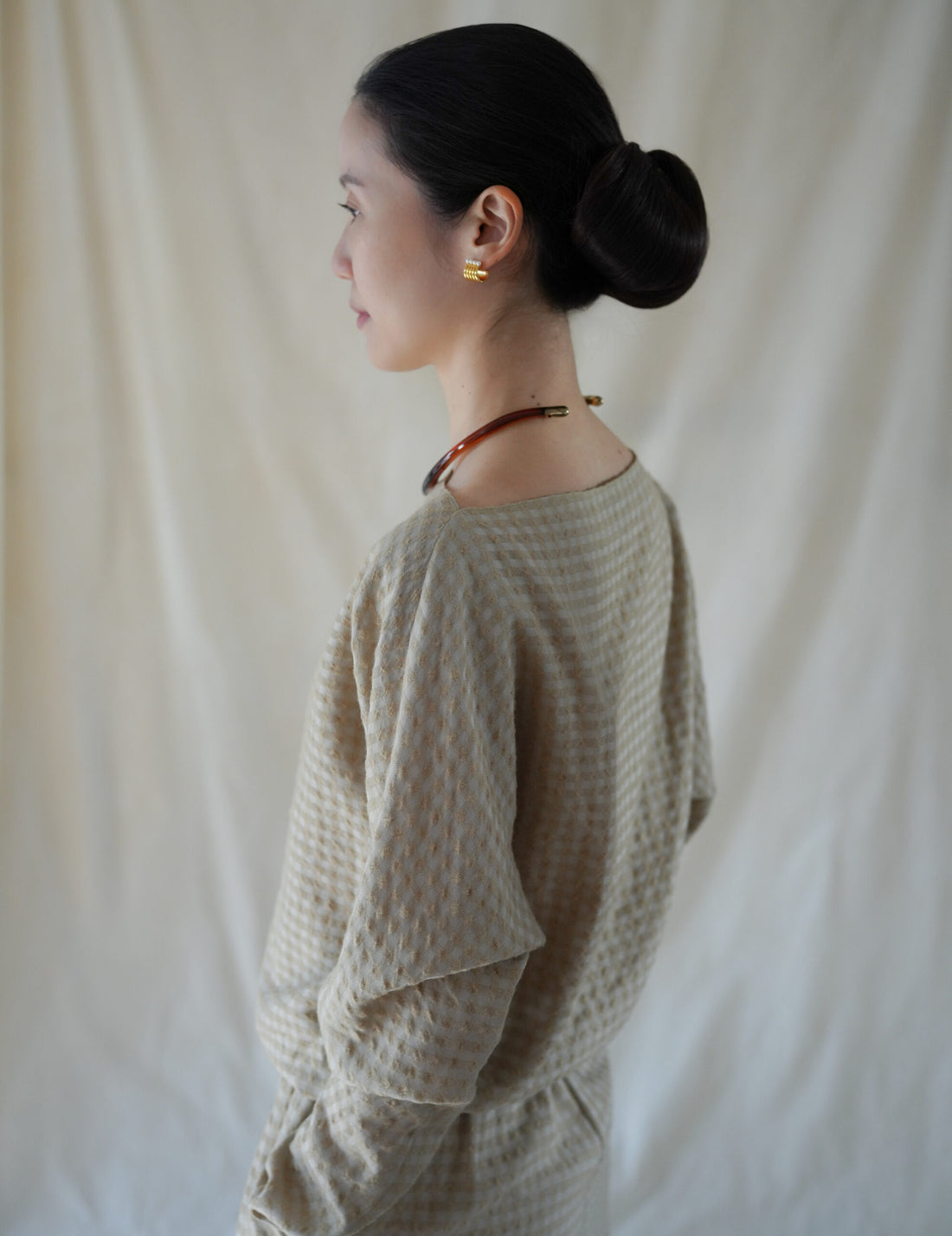 Bravo 羊毛混紡提花上衣・米色格紋