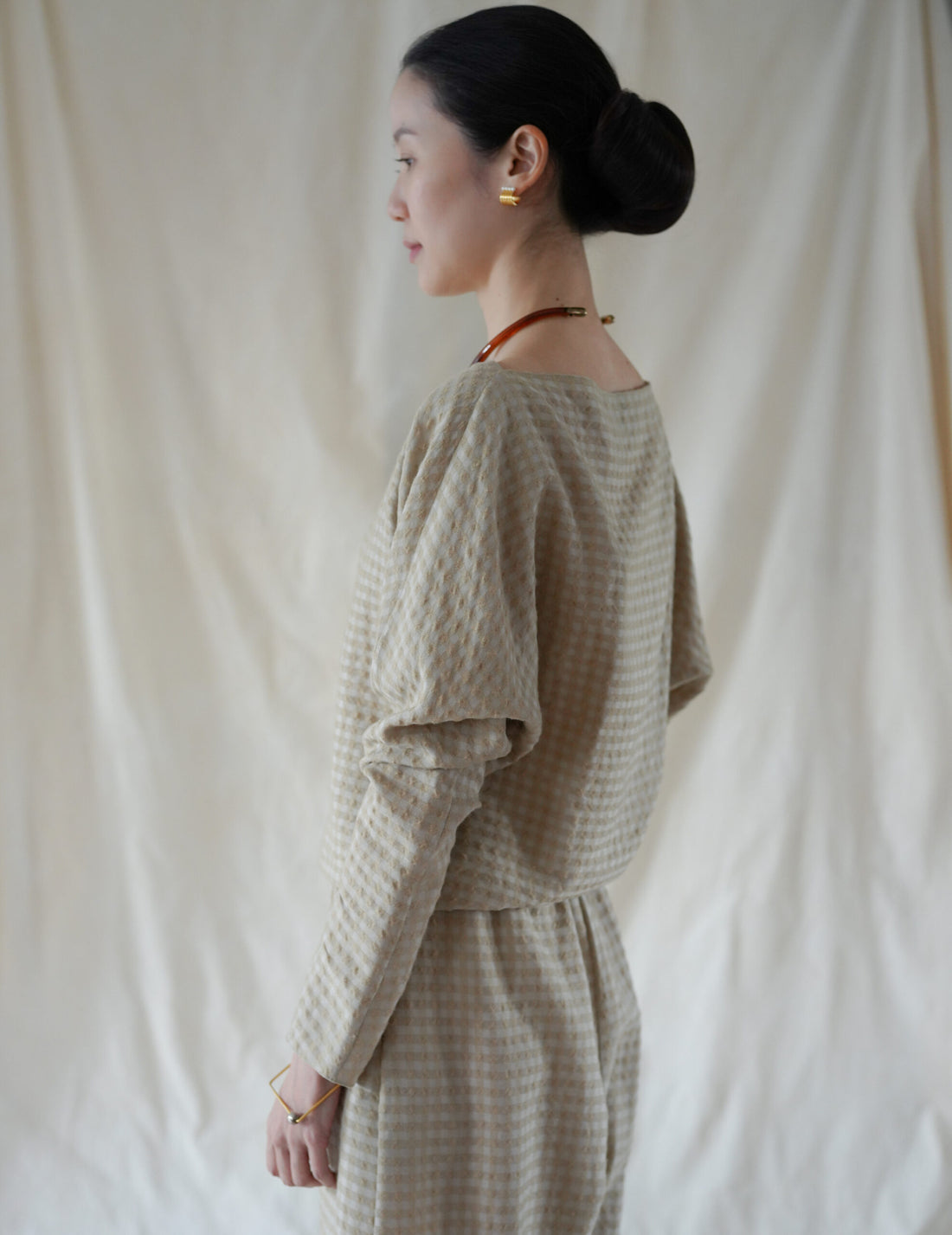 Bravo 羊毛混紡提花上衣・米色格紋