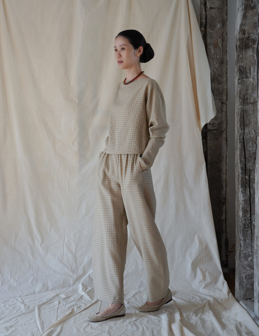 Nuna Wool Viscose Jacquard Pants・Beige Checks