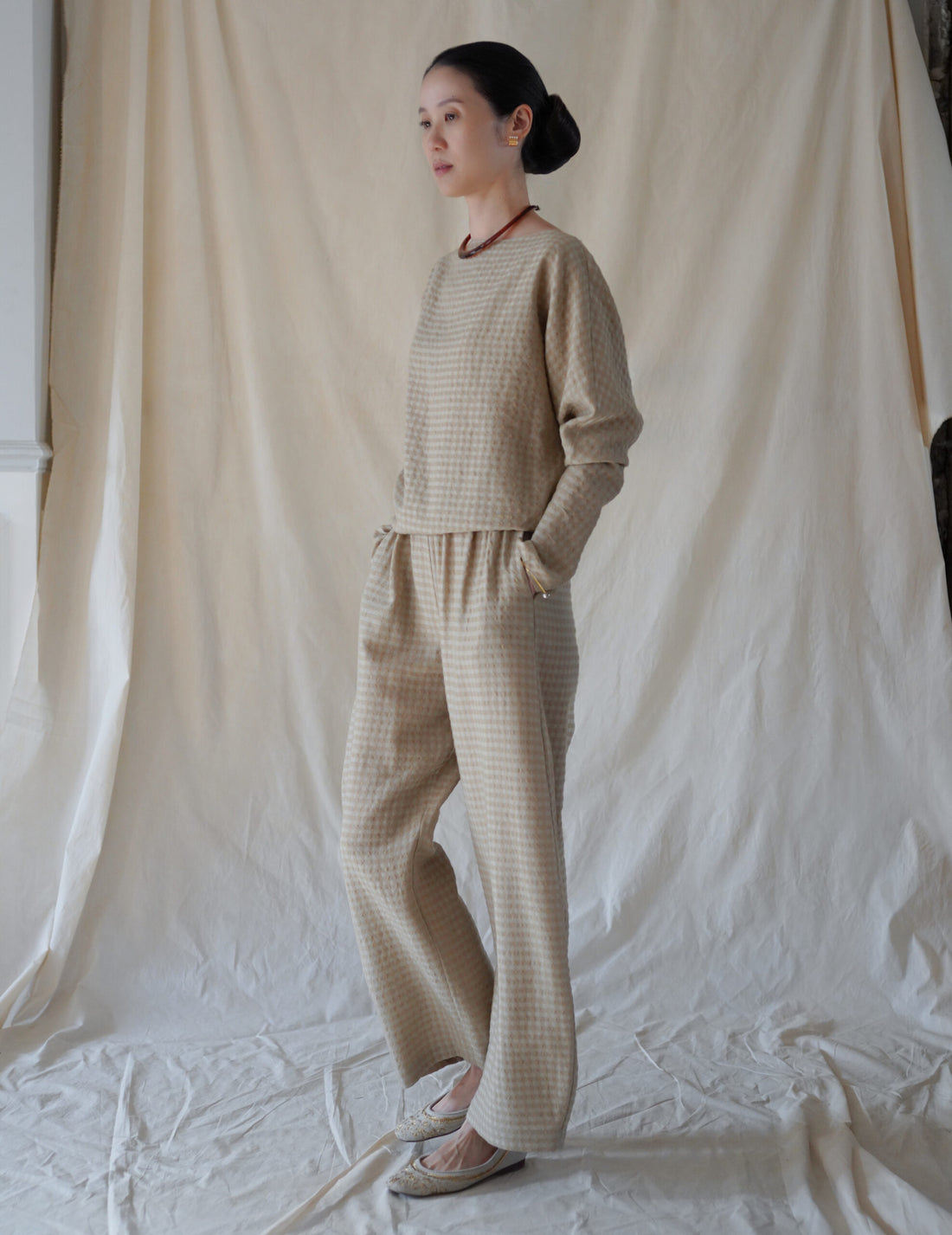Nuna Wool Viscose Jacquard Pants・Beige Checks