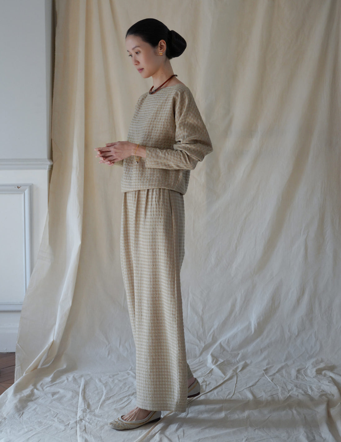 Nuna Wool Viscose Jacquard Pants・Beige Checks