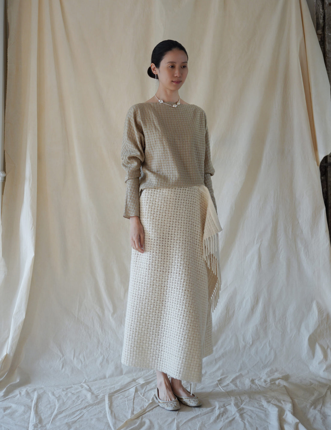 Bravo 羊毛混紡提花上衣・米色格紋