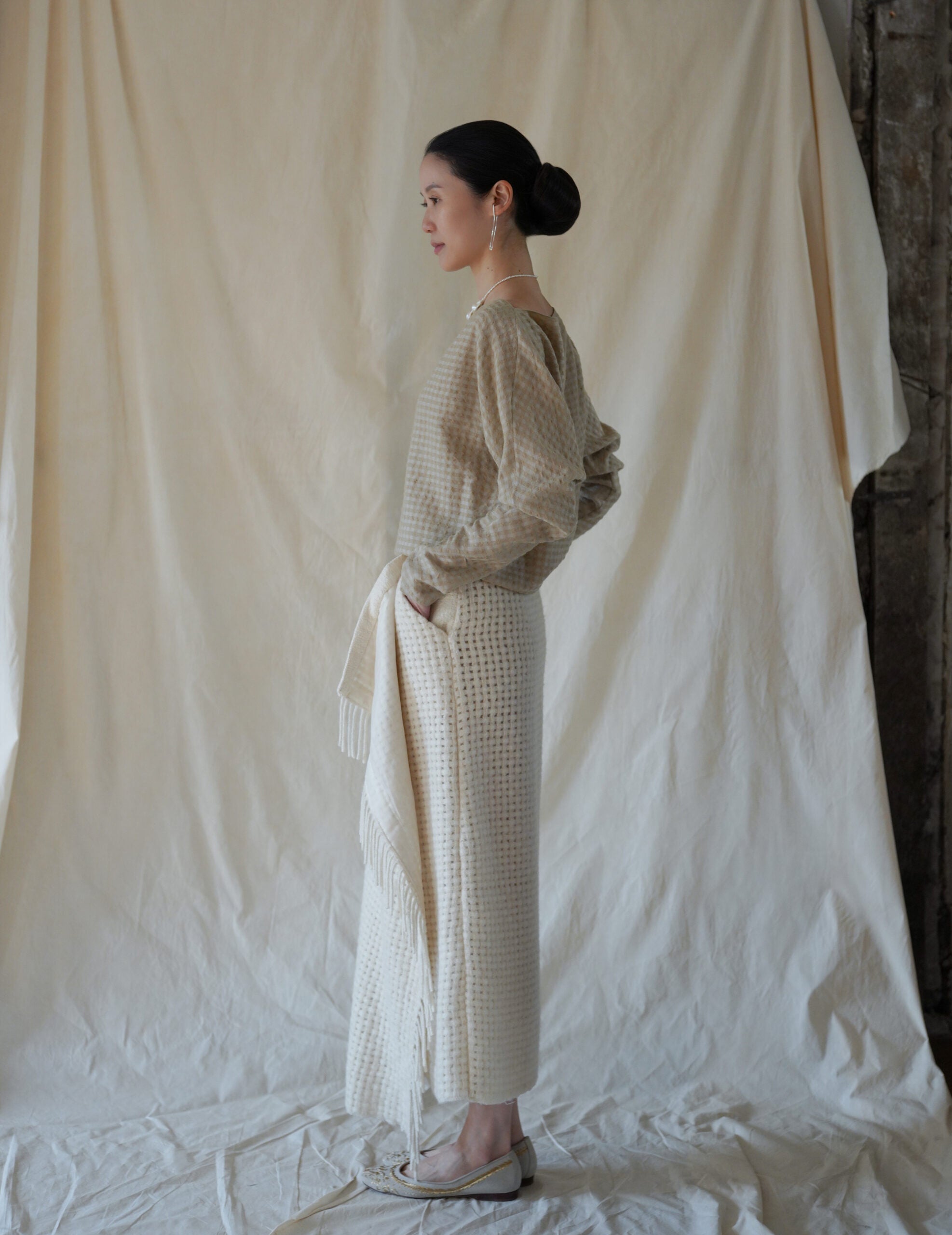 Bravo 羊毛混紡提花上衣・米色格紋