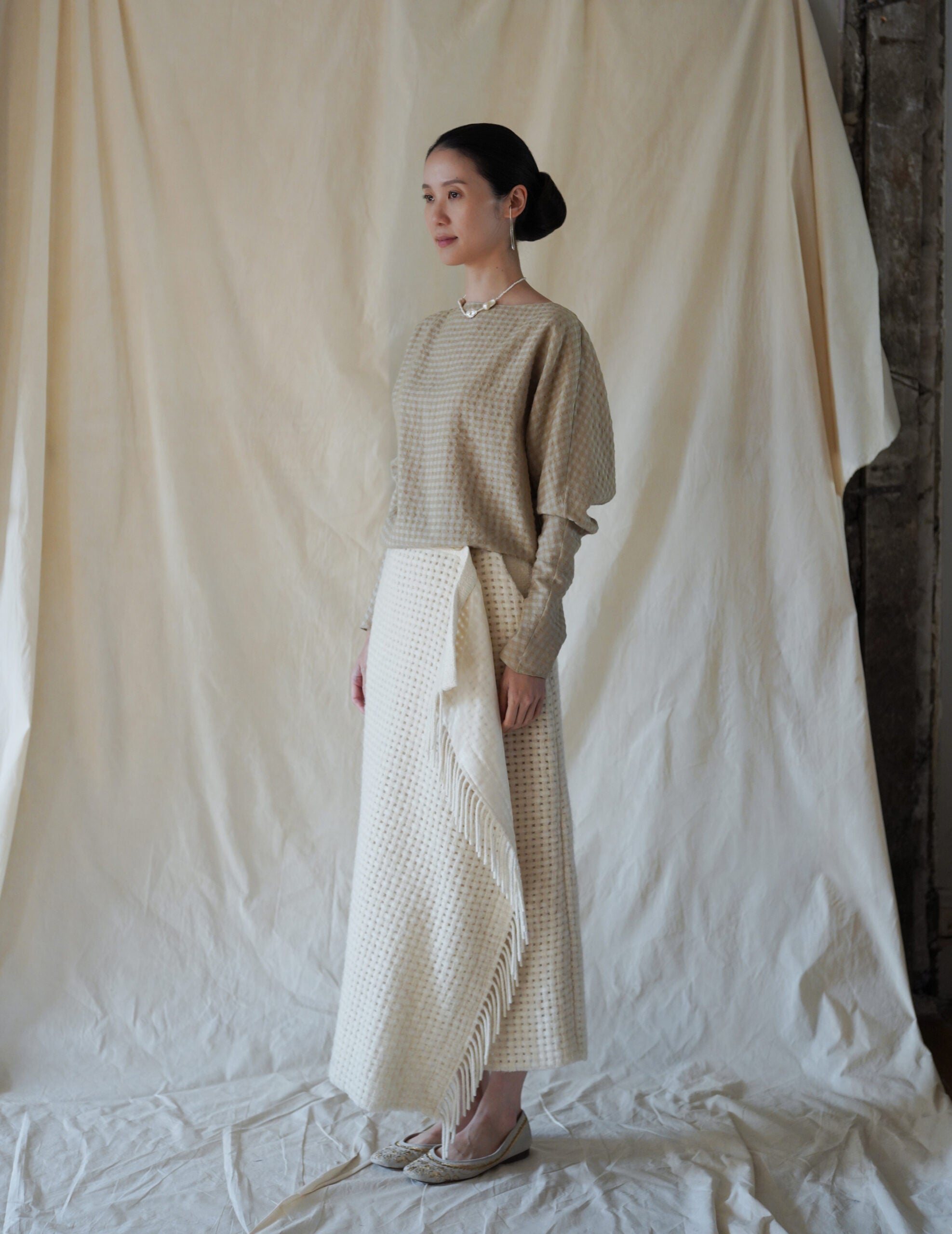 Bravo 羊毛混紡提花上衣・米色格紋