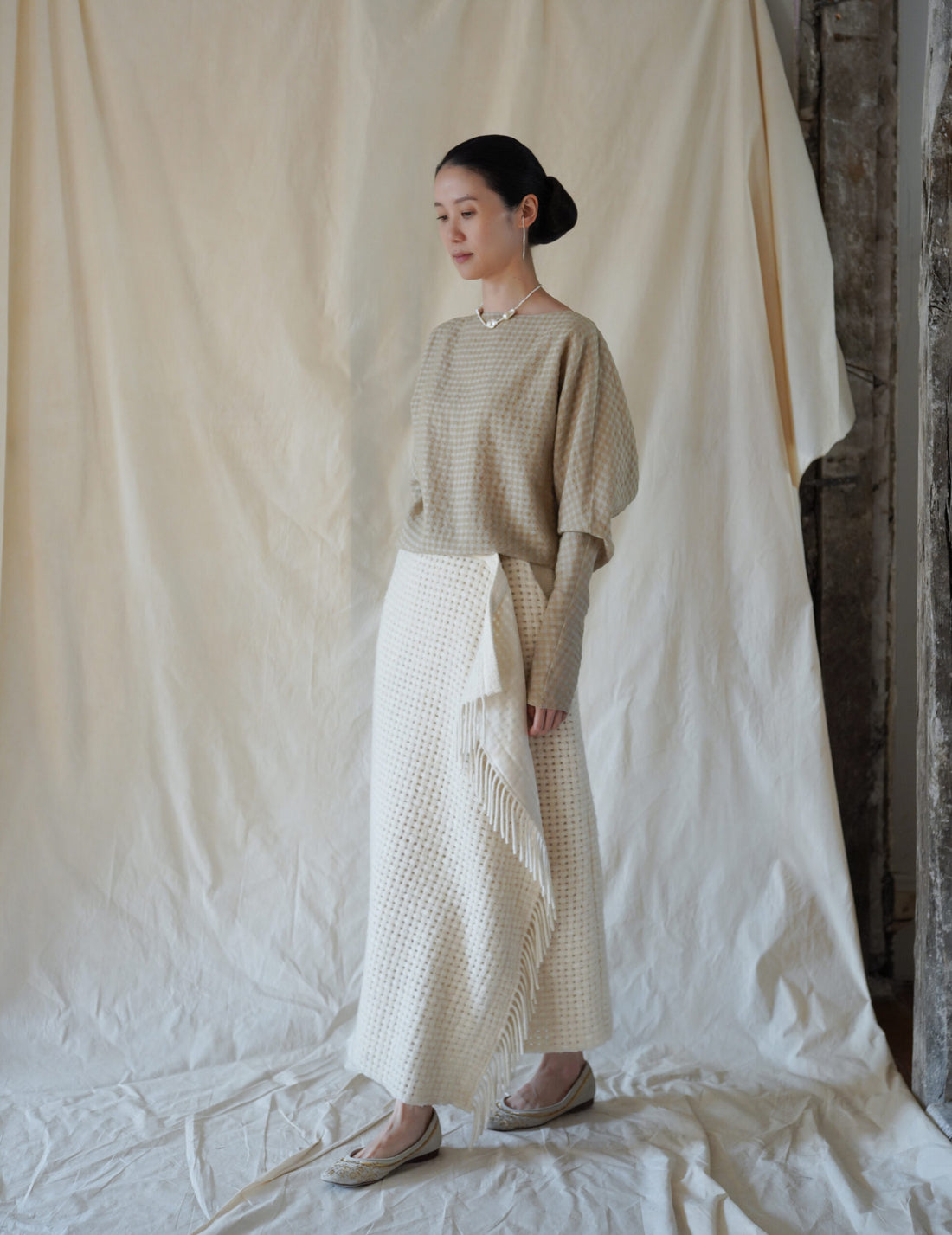 Bravo 羊毛混紡提花上衣・米色格紋