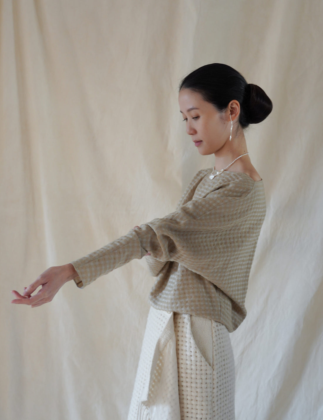 Bravo 羊毛混紡提花上衣・米色格紋