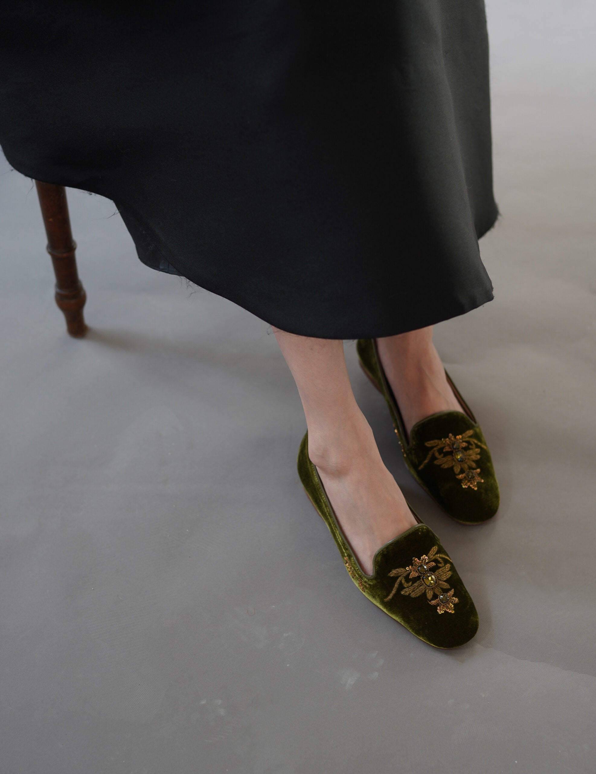 絲絨刺繡芭蕾鞋・金綠色