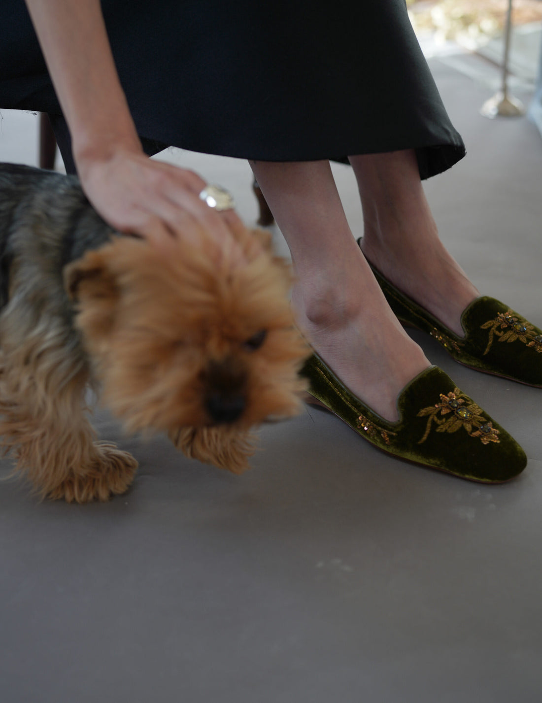 絲絨刺繡芭蕾鞋・金綠色