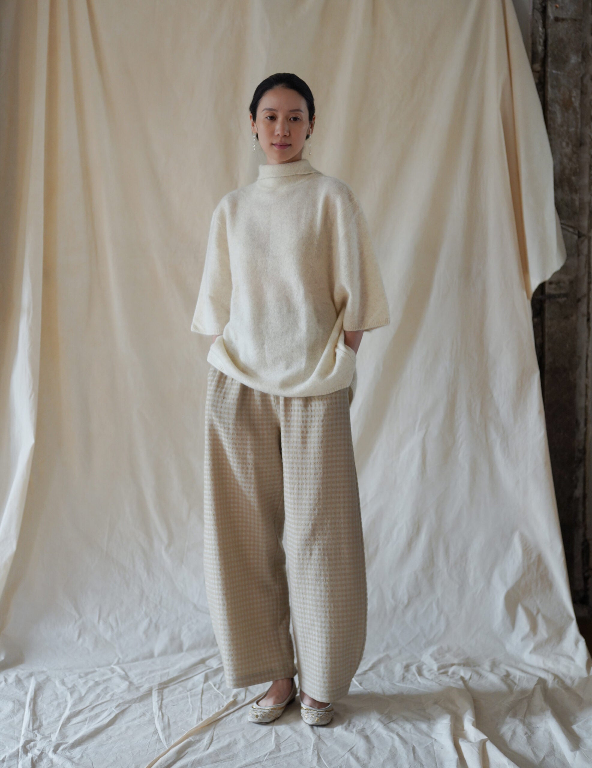 Nuna 羊毛混紡提花寬褲・米色格紋