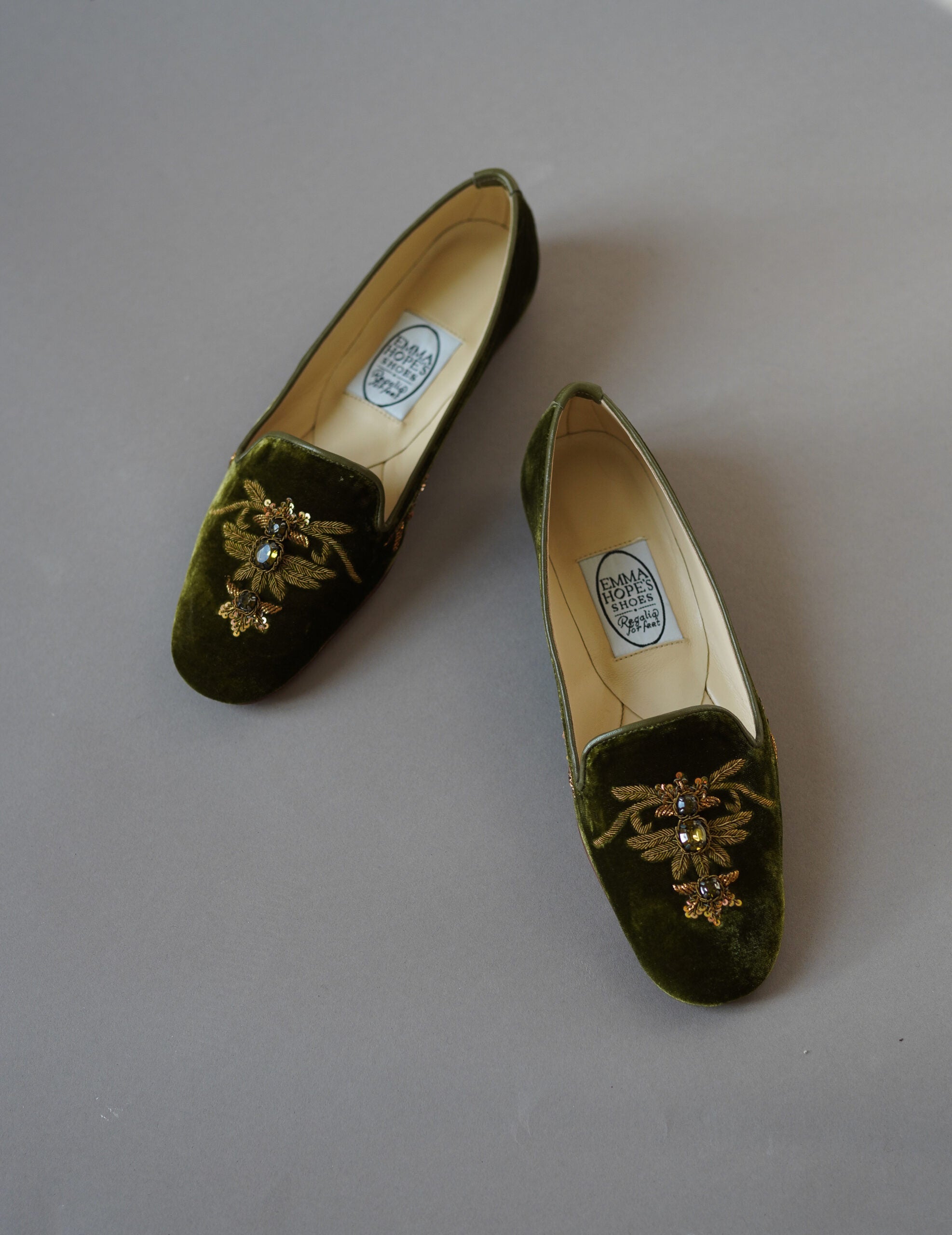 絲絨刺繡芭蕾鞋・金綠色