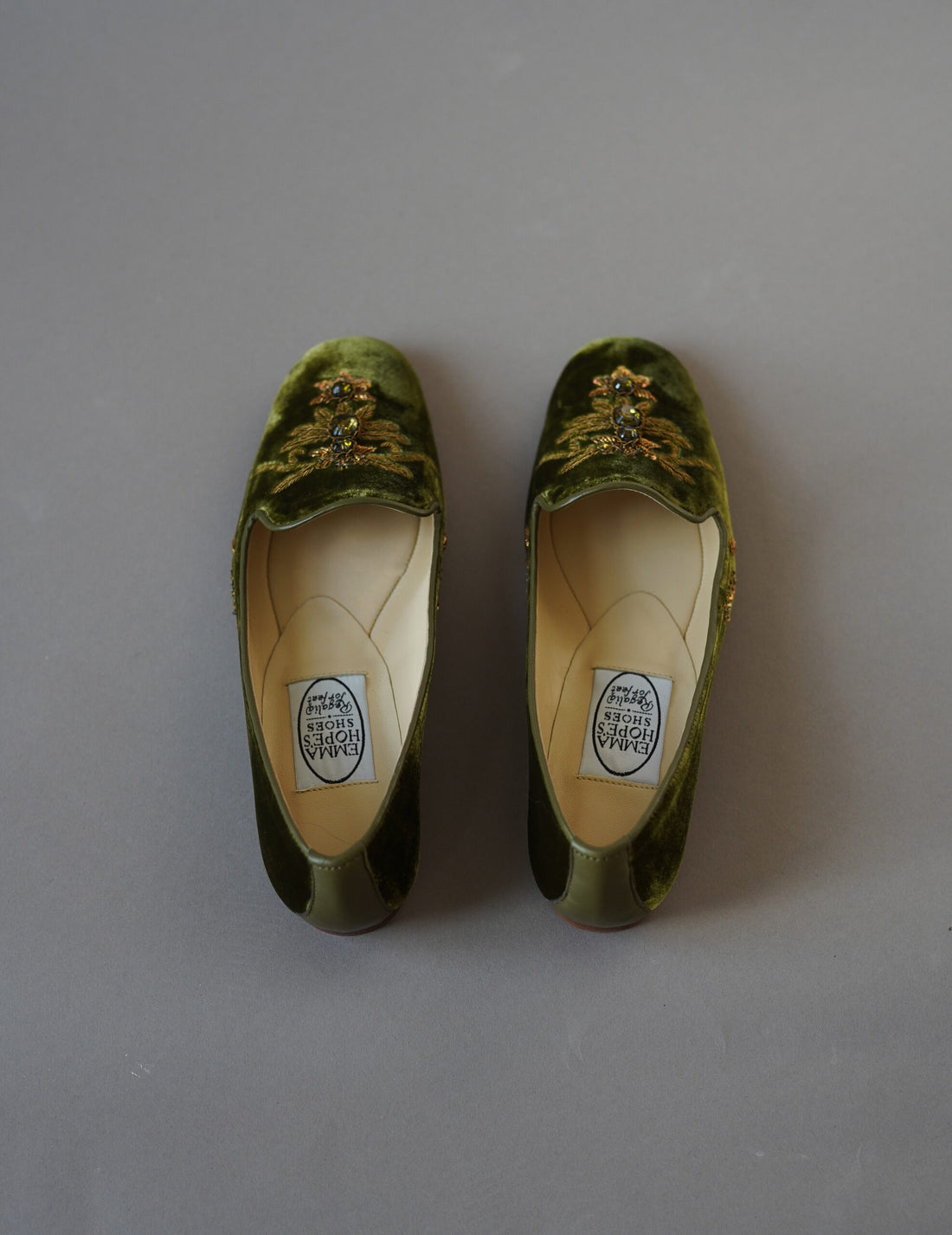 絲絨刺繡芭蕾鞋・金綠色