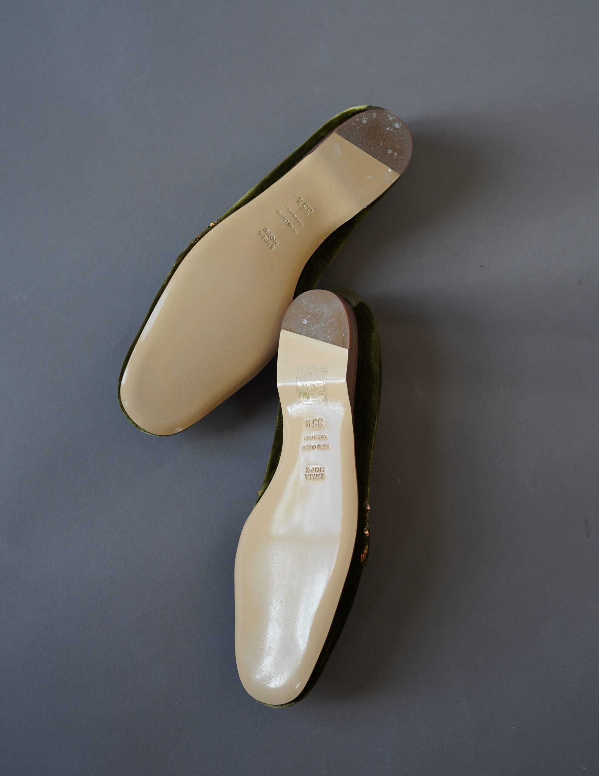 絲絨刺繡芭蕾鞋・金綠色