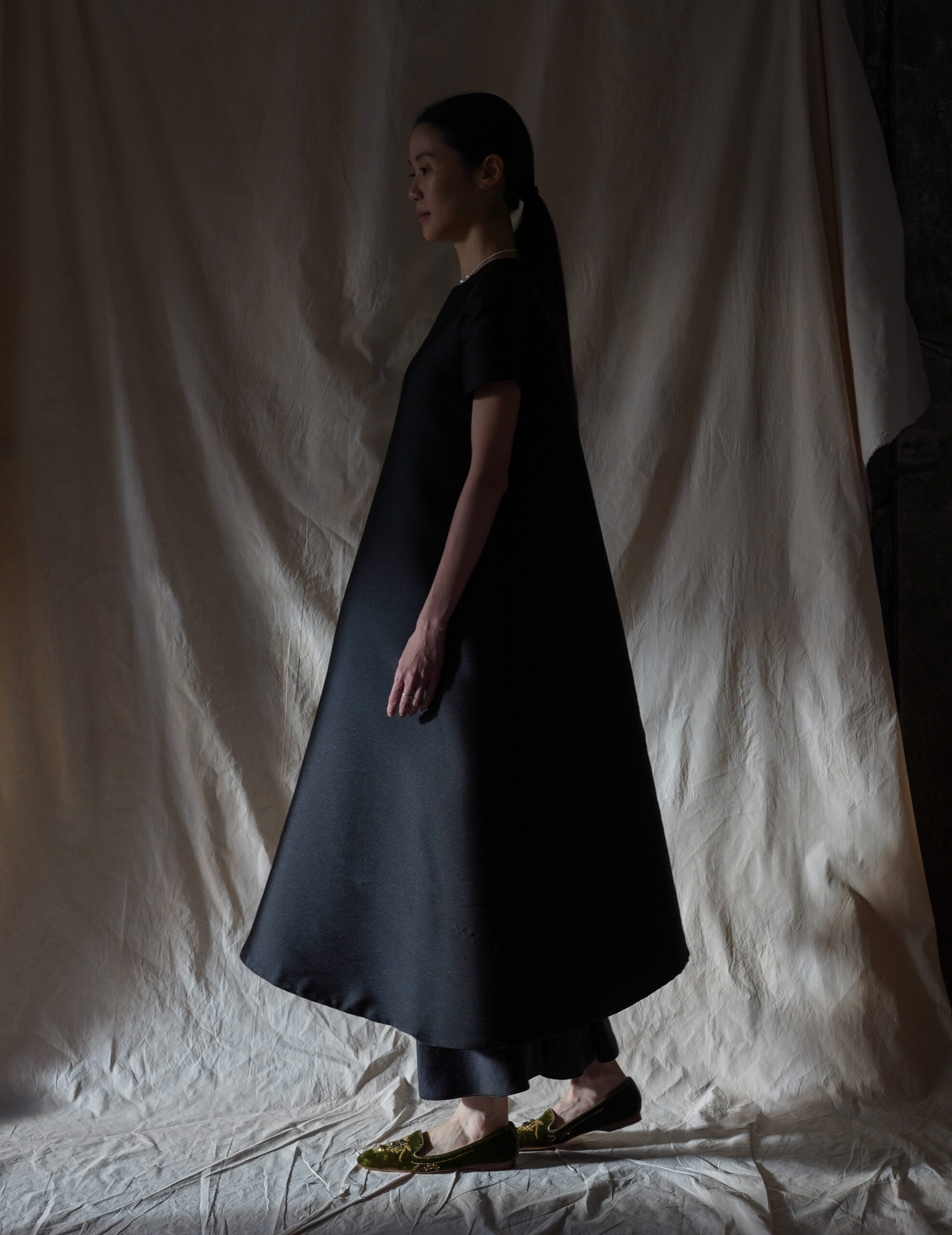 絲絨刺繡芭蕾鞋・金綠色