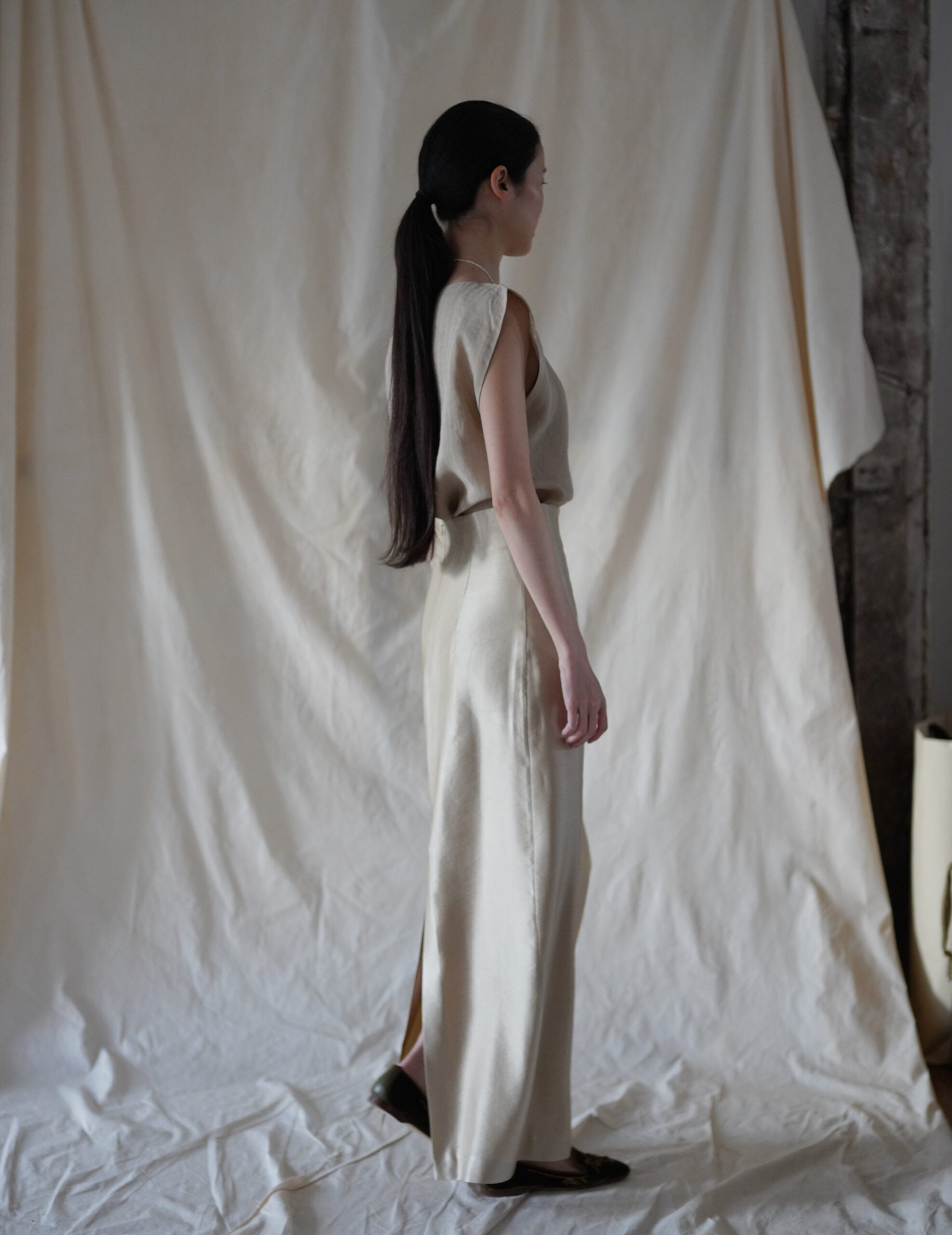 INGA 高腰長裙・金米色