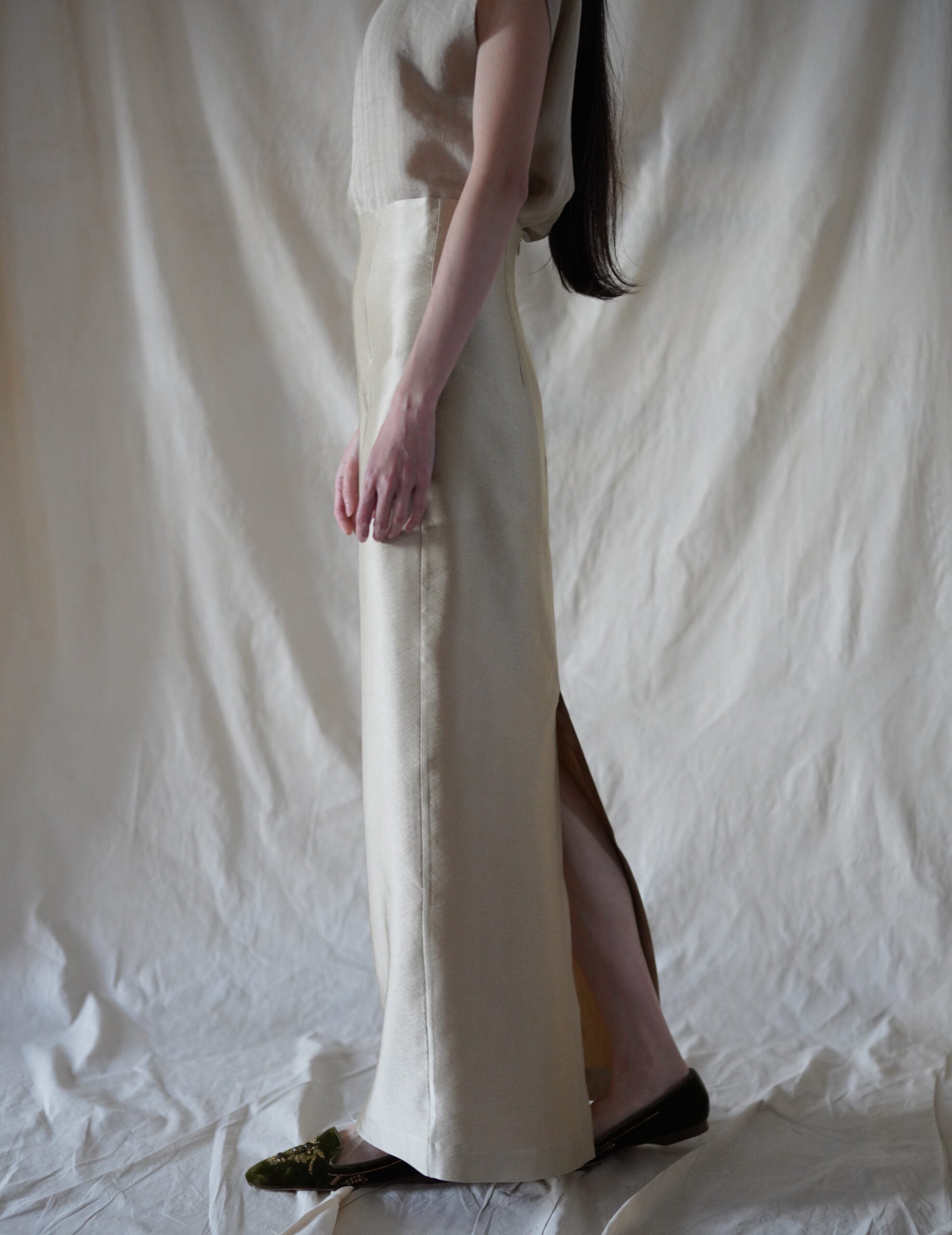 INGA 高腰長裙・金米色