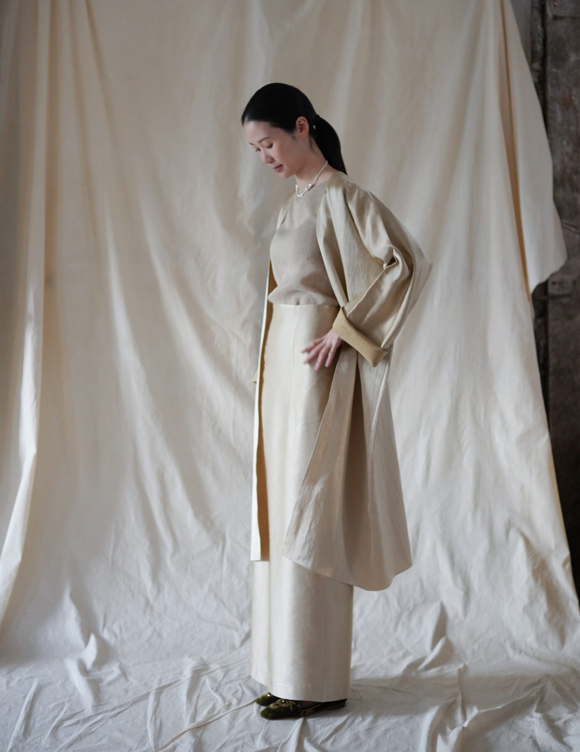 INGA 高腰長裙・金米色