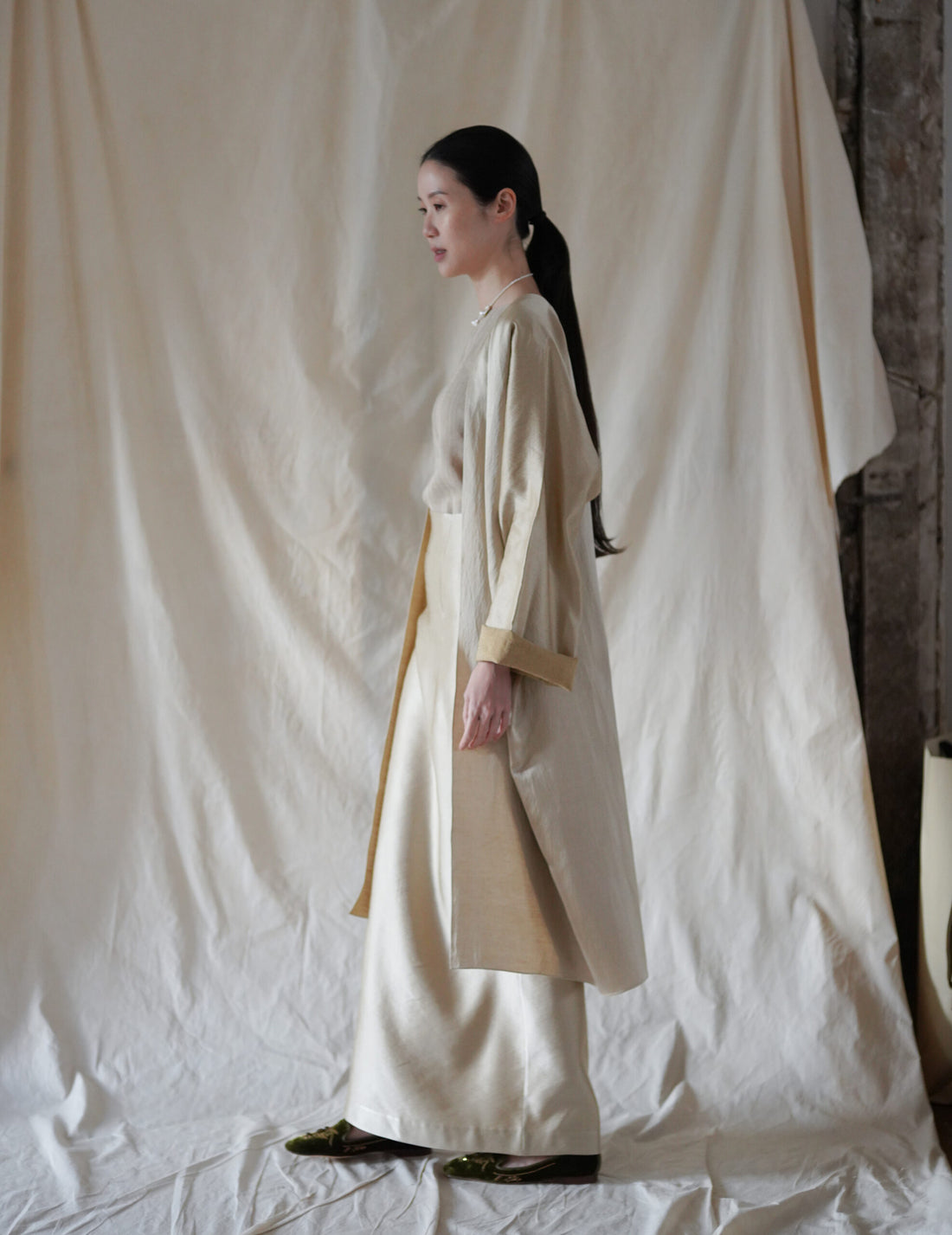 INGA 高腰長裙・金米色