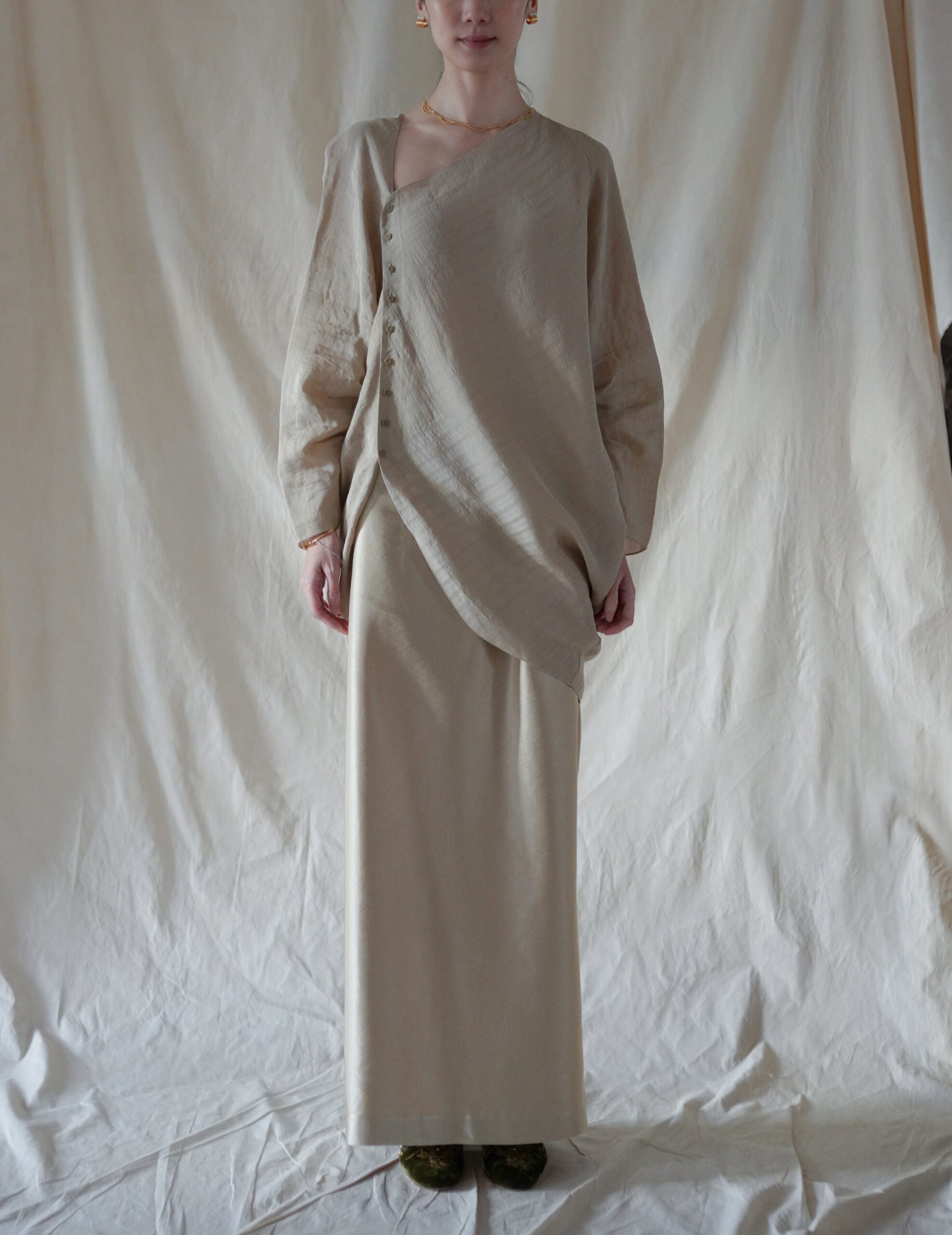 INGA 高腰長裙・金米色