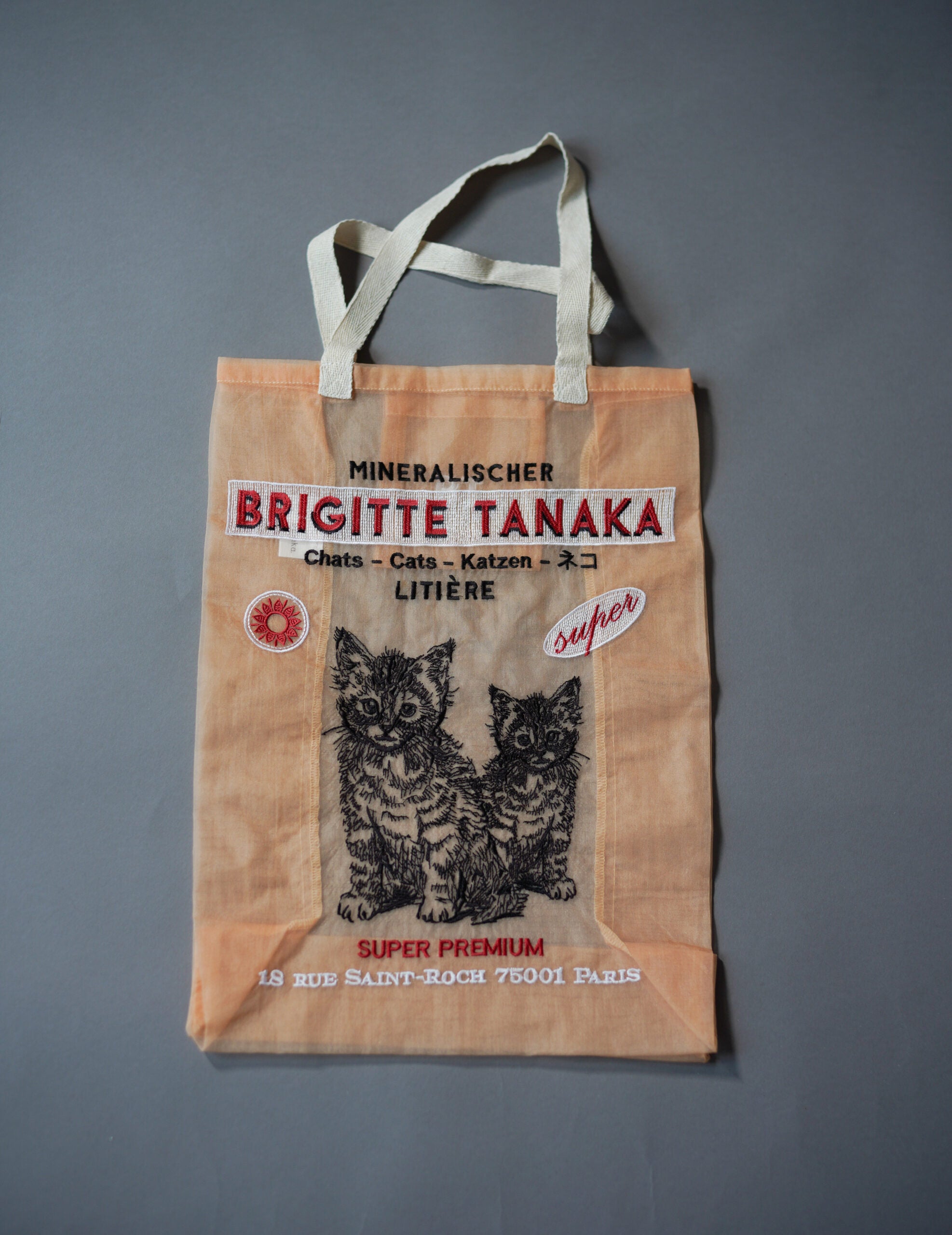 貓咪刺繡歐根紗手袋・蜜桃色