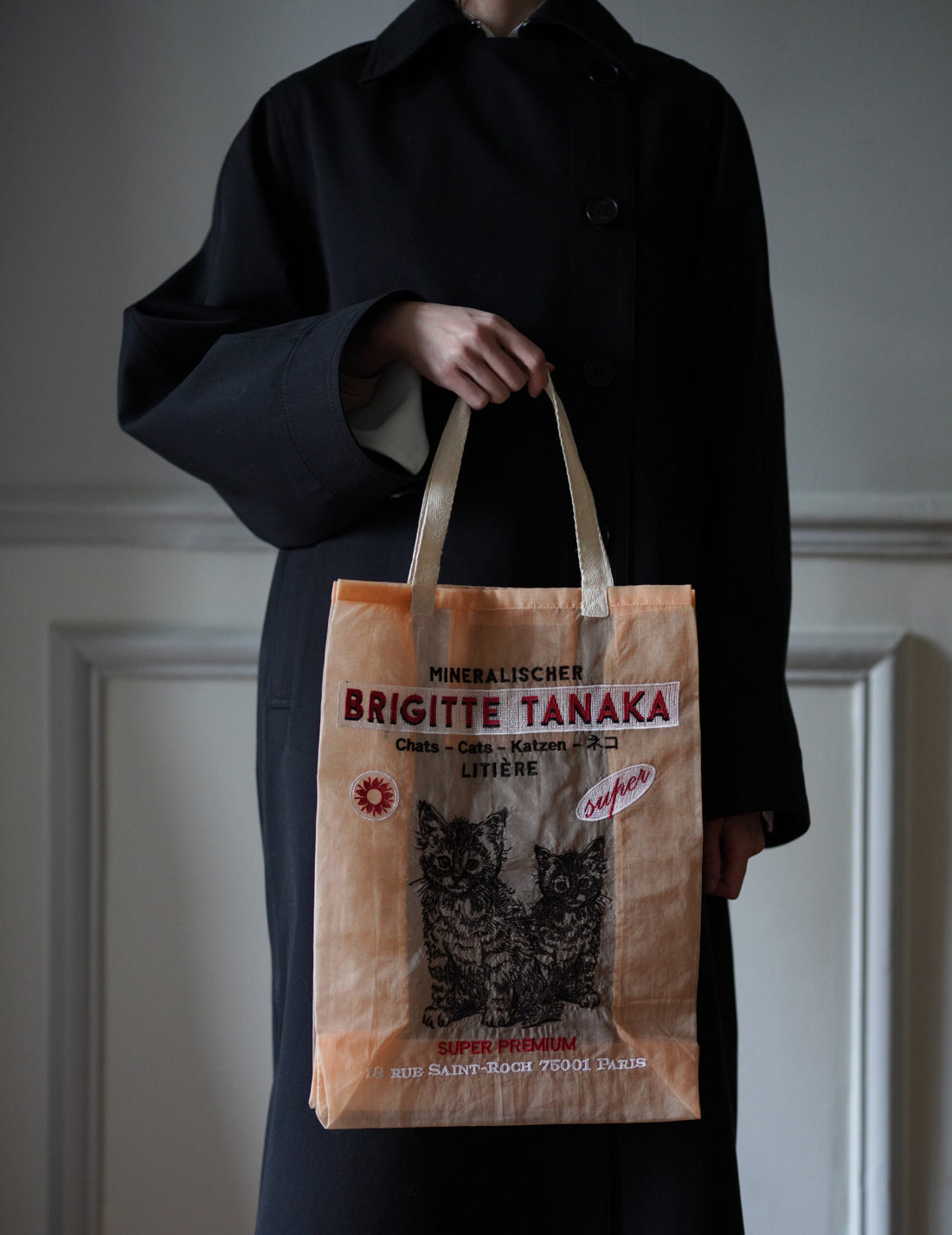 貓咪刺繡歐根紗手袋・蜜桃色