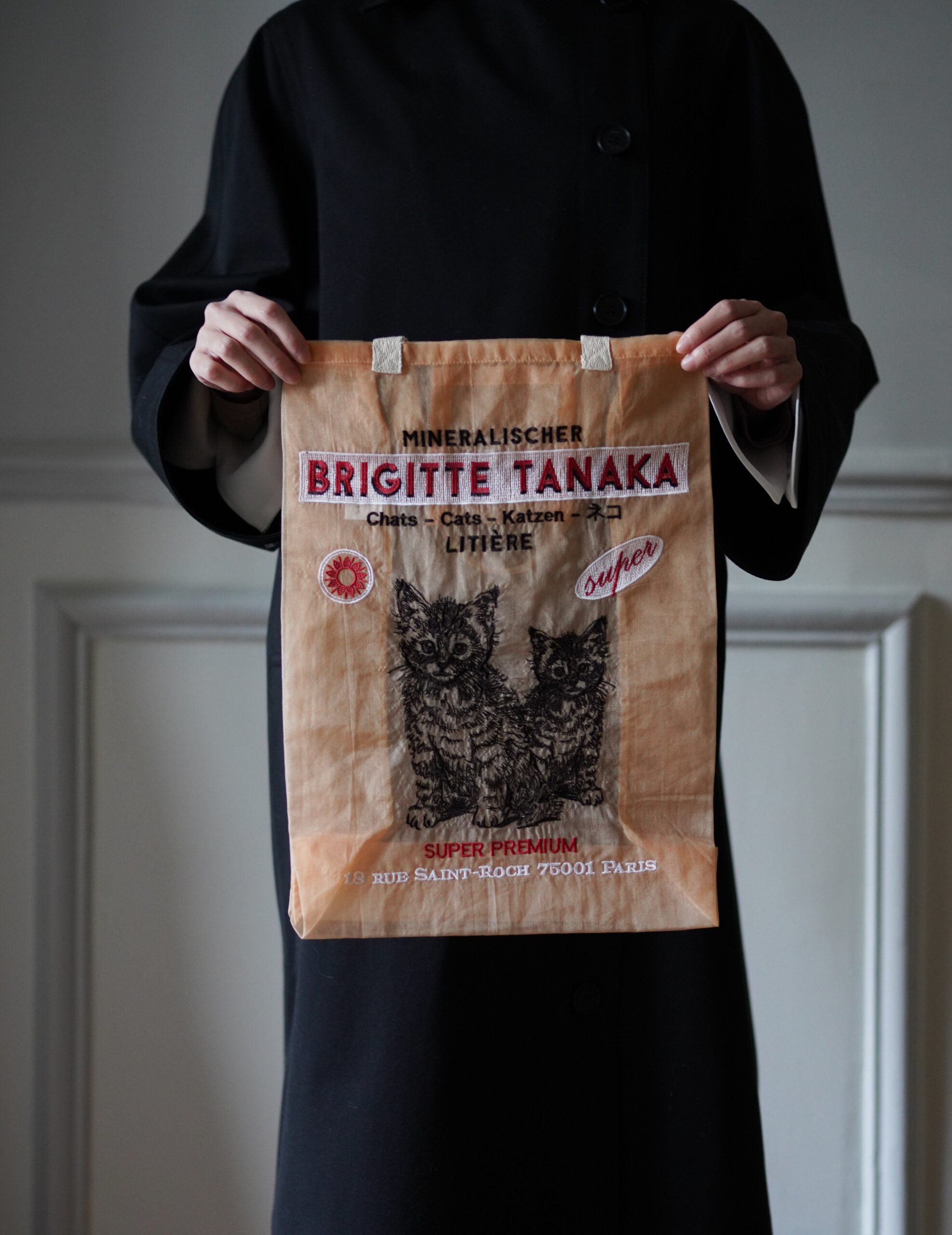 貓咪刺繡歐根紗手袋・蜜桃色