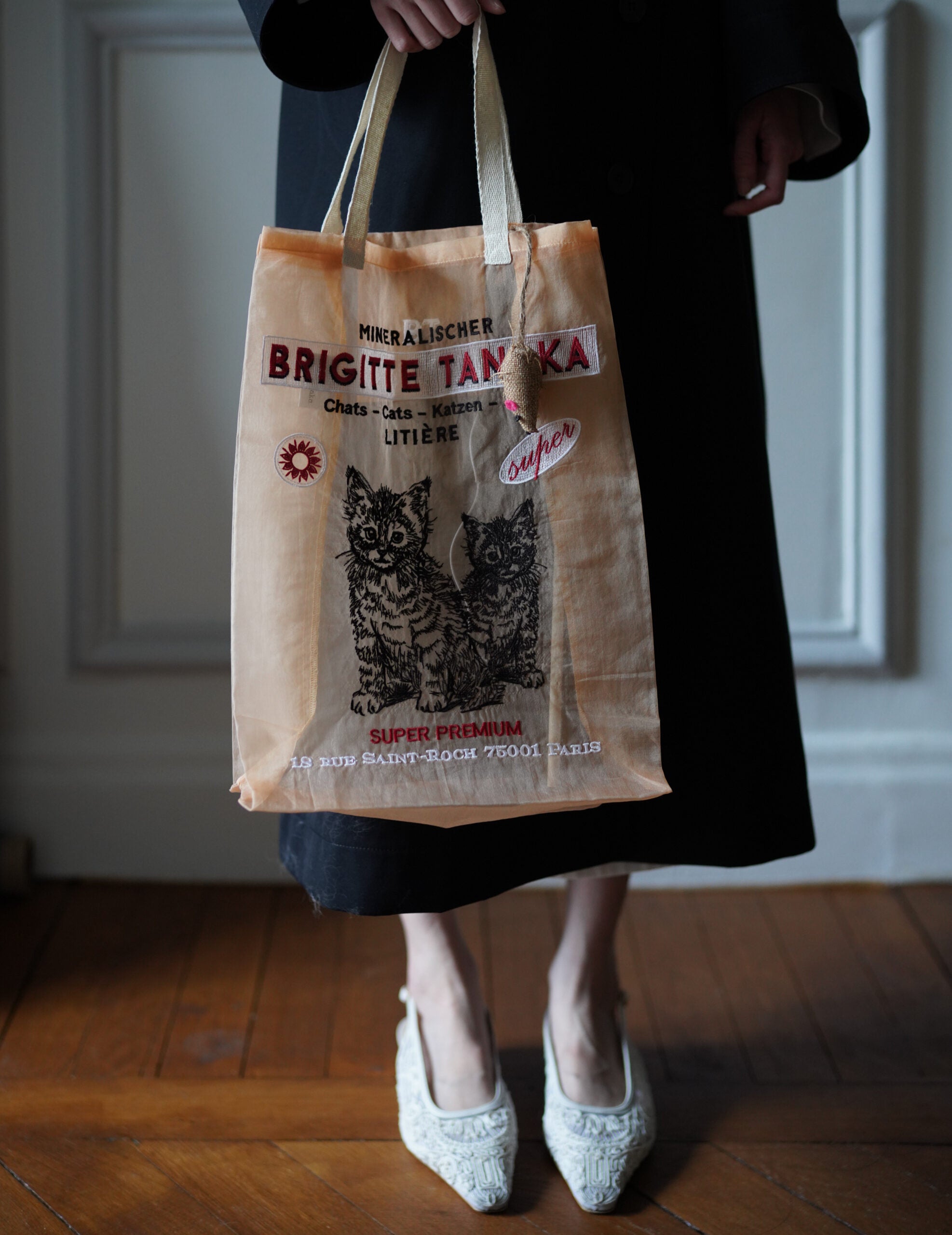 貓咪刺繡歐根紗手袋・蜜桃色