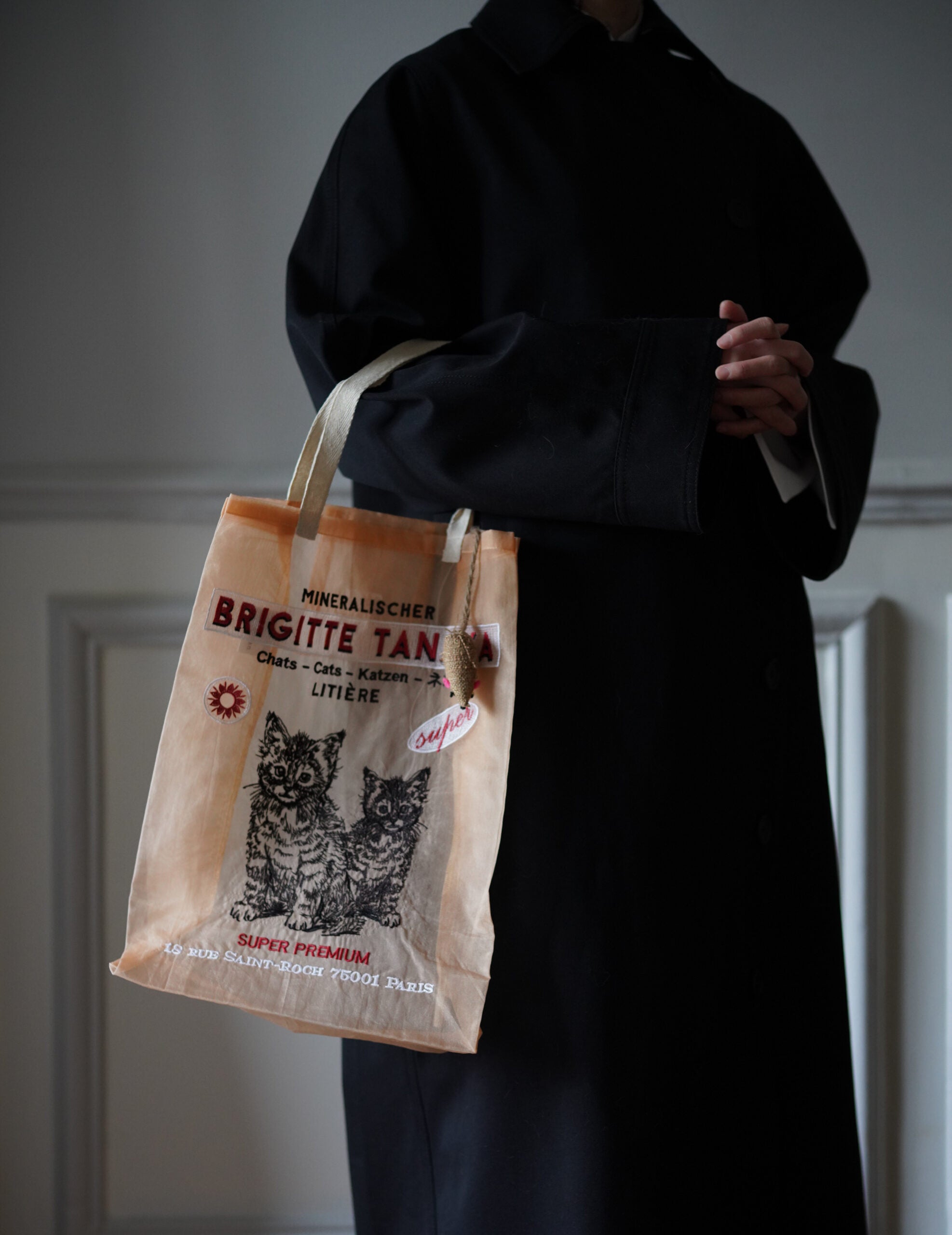 貓咪刺繡歐根紗手袋・蜜桃色